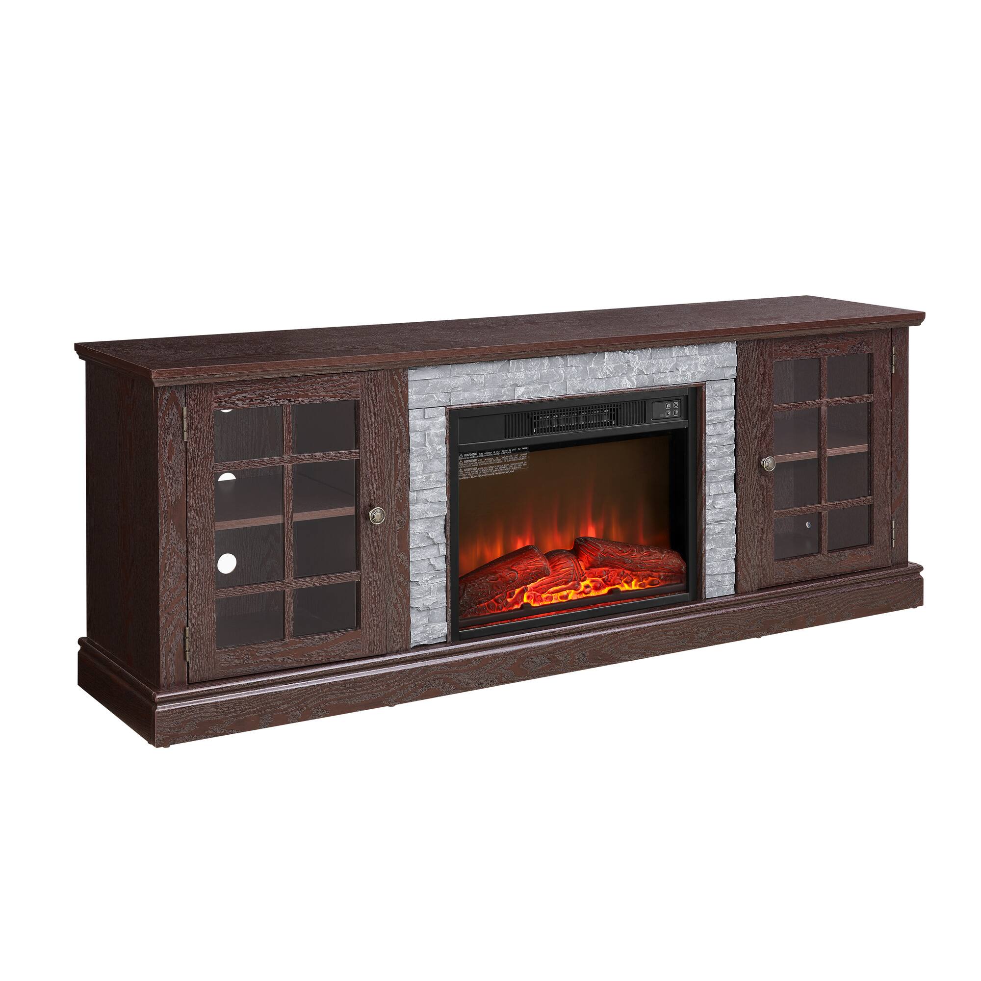 Alt View 1. Boyel Living - 70.12-in Cherry Electric Fireplace TV Stand with 23-in Insert 2-Door Storage and Faux Stone Surround - Cherry.