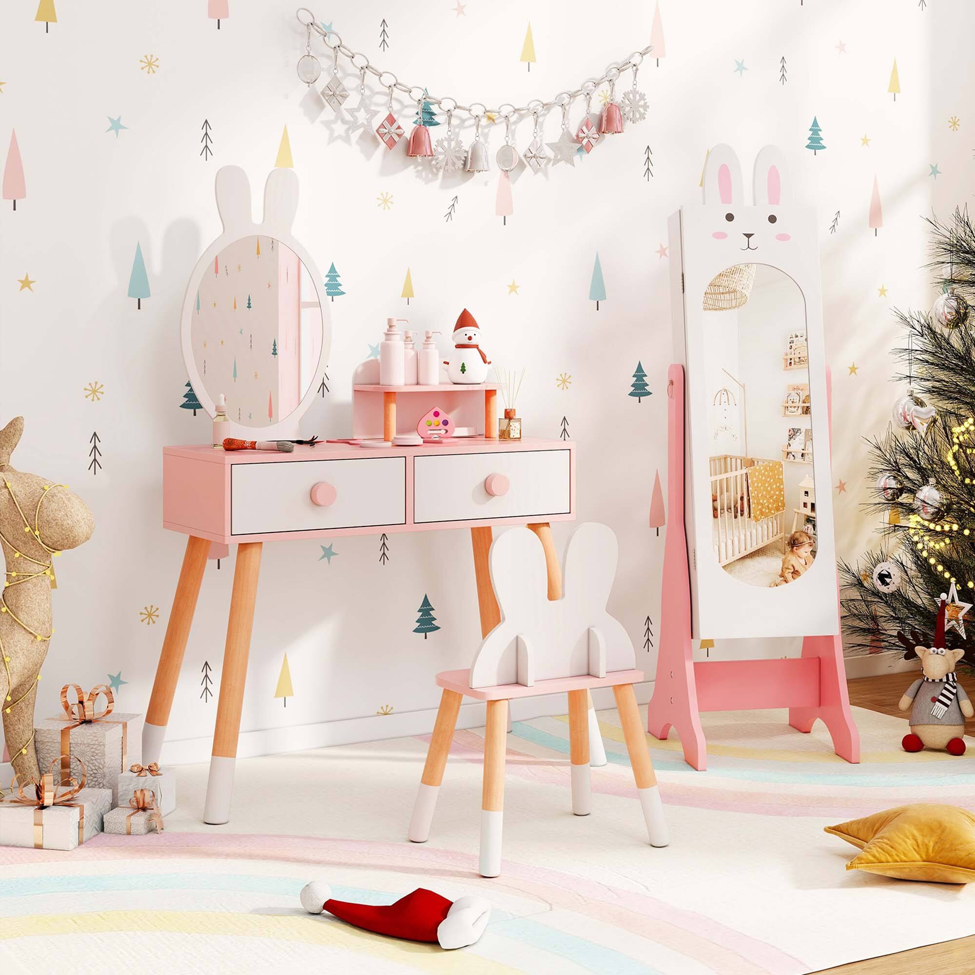 Alt View 1. Costway - Costway Kids Vanity Set Princess Makeup Dressing Table and Chair Set with Jewelry Armoire - White.