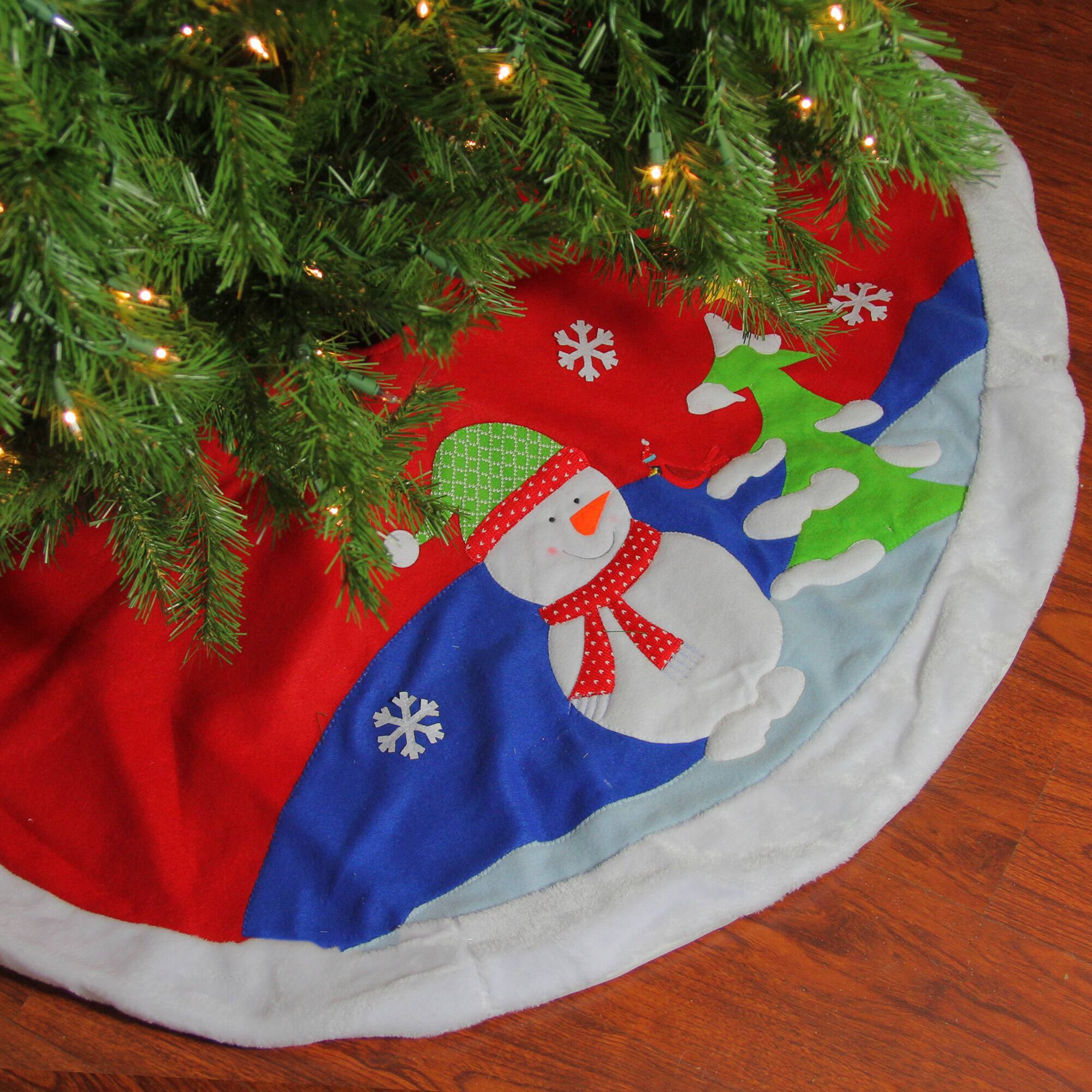 Alt View 1. Dyno - 48" Red Fleece Christmas Snowman Winter Tree Skirt with White Faux Fur Trim - Red.