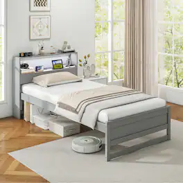 Gymax - Twin Size Wooden Bed Frame w/ Charging Station & LED Light Storage Headboard - Gray