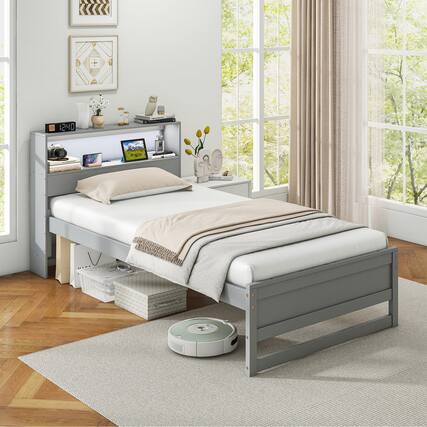 Front. Gymax - Gymax Twin Size Wooden Bed Frame w/ Charging Station & LED Light Storage Headboard Gray - Gray.