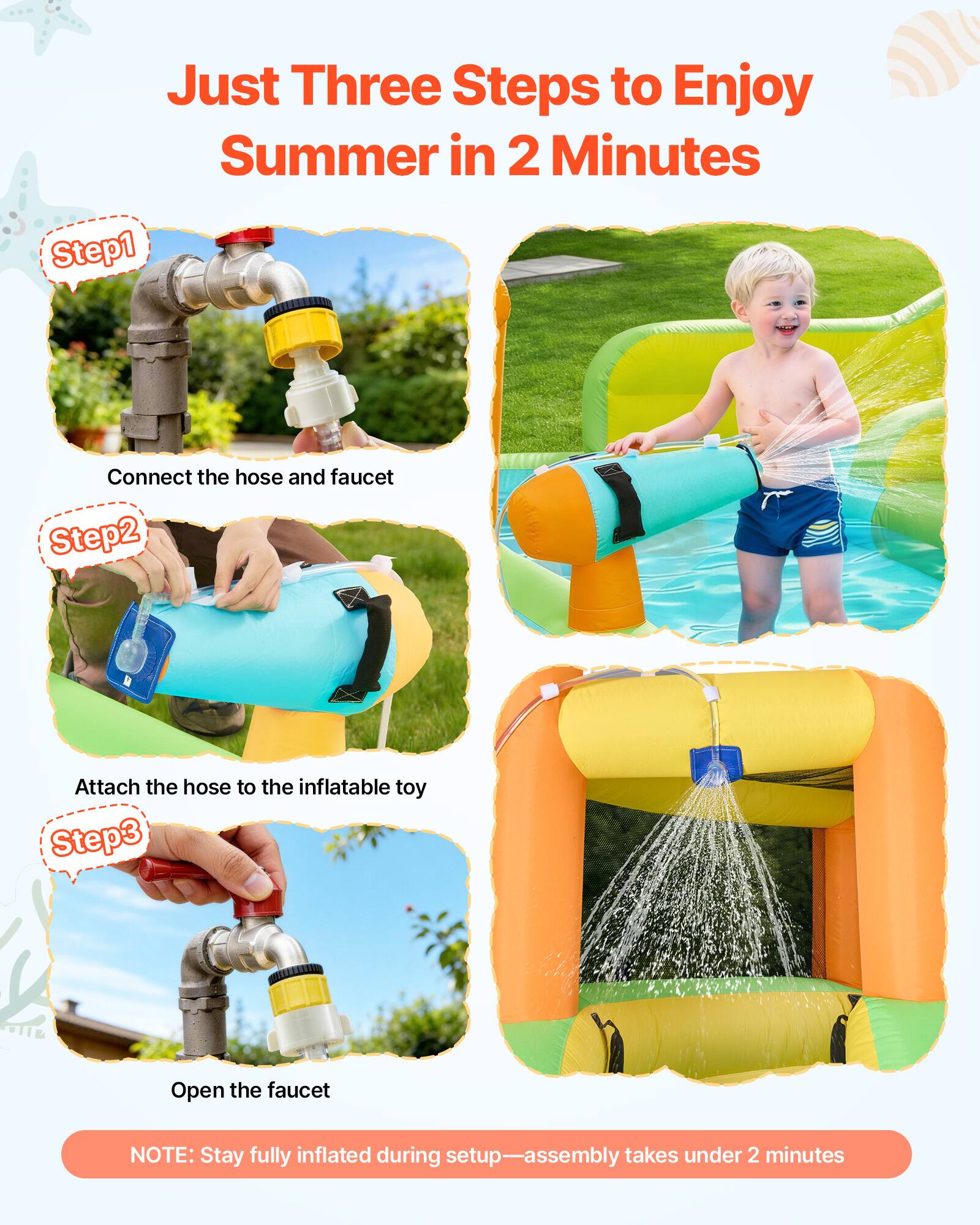 Just Three Steps to Enjoy Summer in 2 Minutes

Step 1: Connect the hose and faucet

Step 2: Attach the hose to the inflatable toy

Step 3: Open the faucet

NOTE: Stay fully inflated during setup—assembly takes under 2 minutes