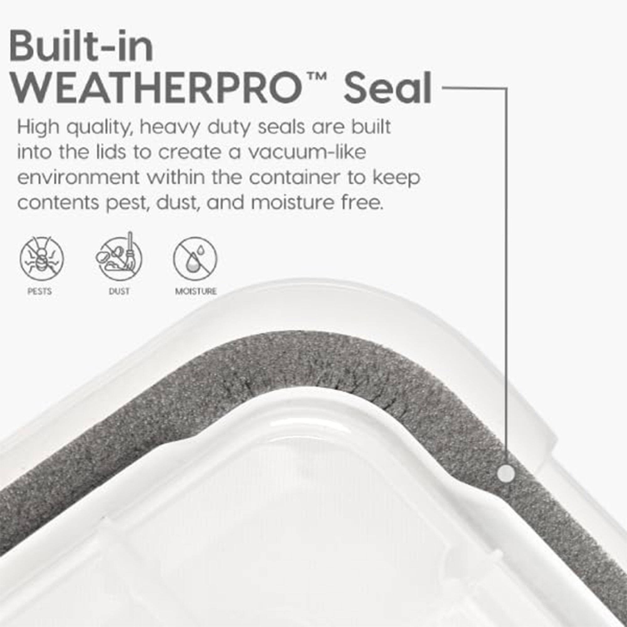 Built-in WEATHERPRO™ Seal

High quality, heavy duty seals are built into the lids to create a vacuum-like environment within the container to keep contents pest, dust, and moisture free.

PESTS DUST MOISTURE