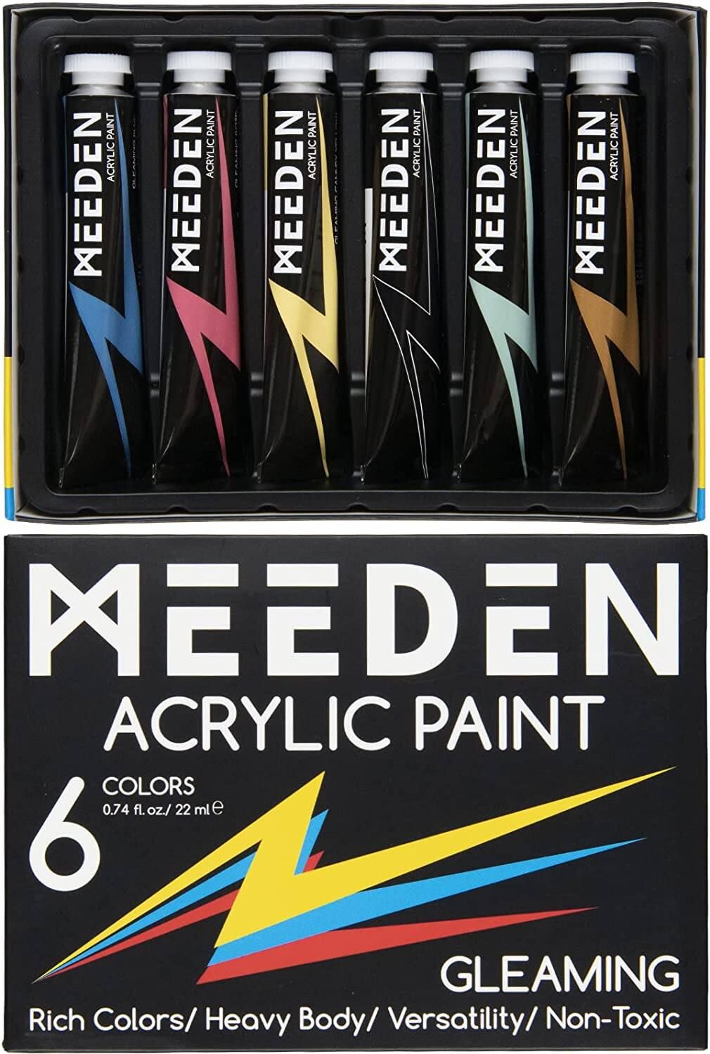 PAINT ACRYLIC MEEDEN  
PAINT ACRYLIC MEEDEN  
PAINT ACRYLIC MEEDEN  
PAINT ACRYLIC MEEDEN  
PAINT ACRYLIC MEEDEN  
PAINT ACRYLIC MEEDEN  

MEEDEN ACRYLIC PAINT COLORS  
0.74 fl. oz./ 22 ml  
6 GLEAMING Rich Colors/ Heavy Body/ Versatility/ Non-Toxic