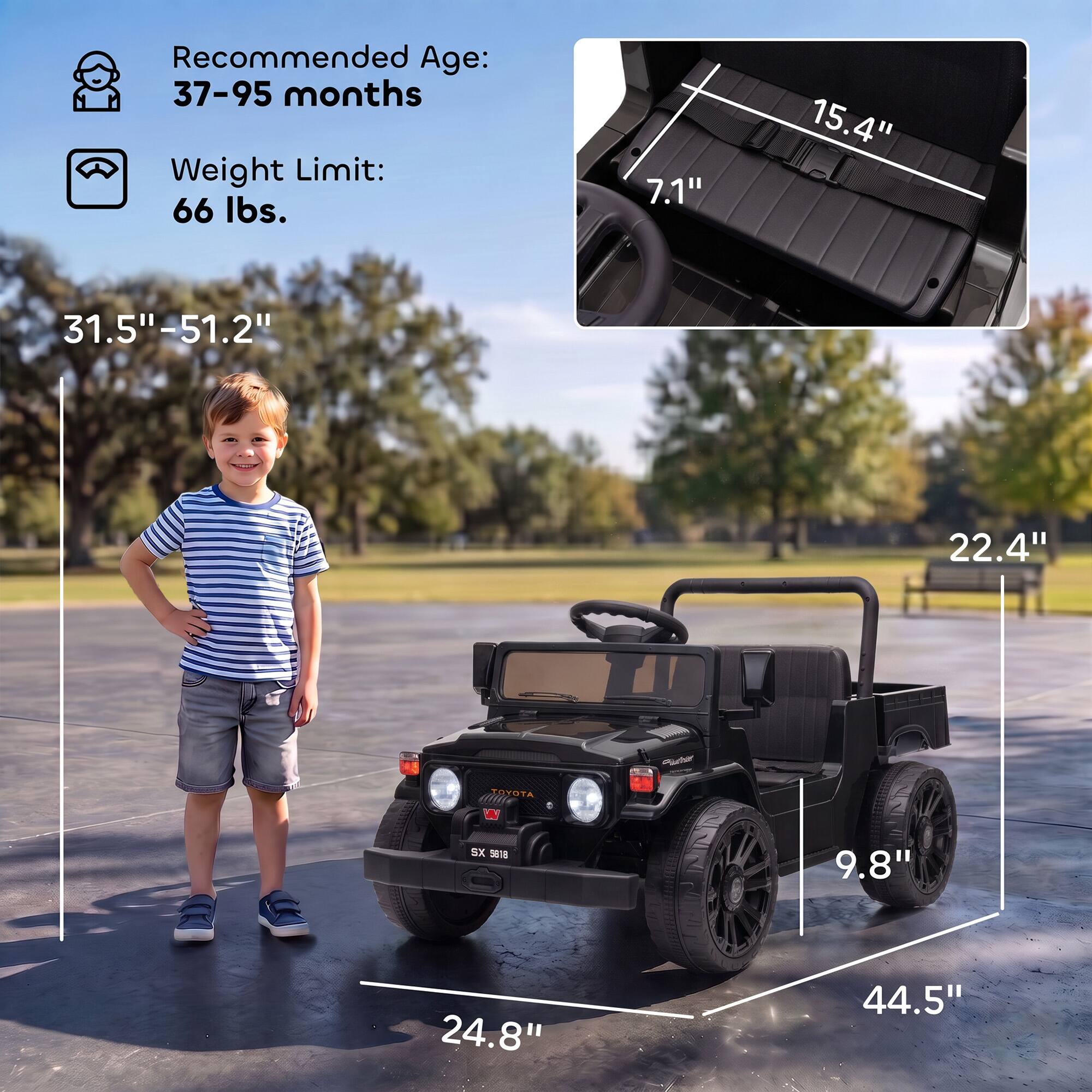 Recommended Age: 37-95 months  
Weight Limit: 66 lbs.  

7.1"  
15.4"  
31.5"-51.2"  
22.4"  
24.8"  
9.8"  
44.5"