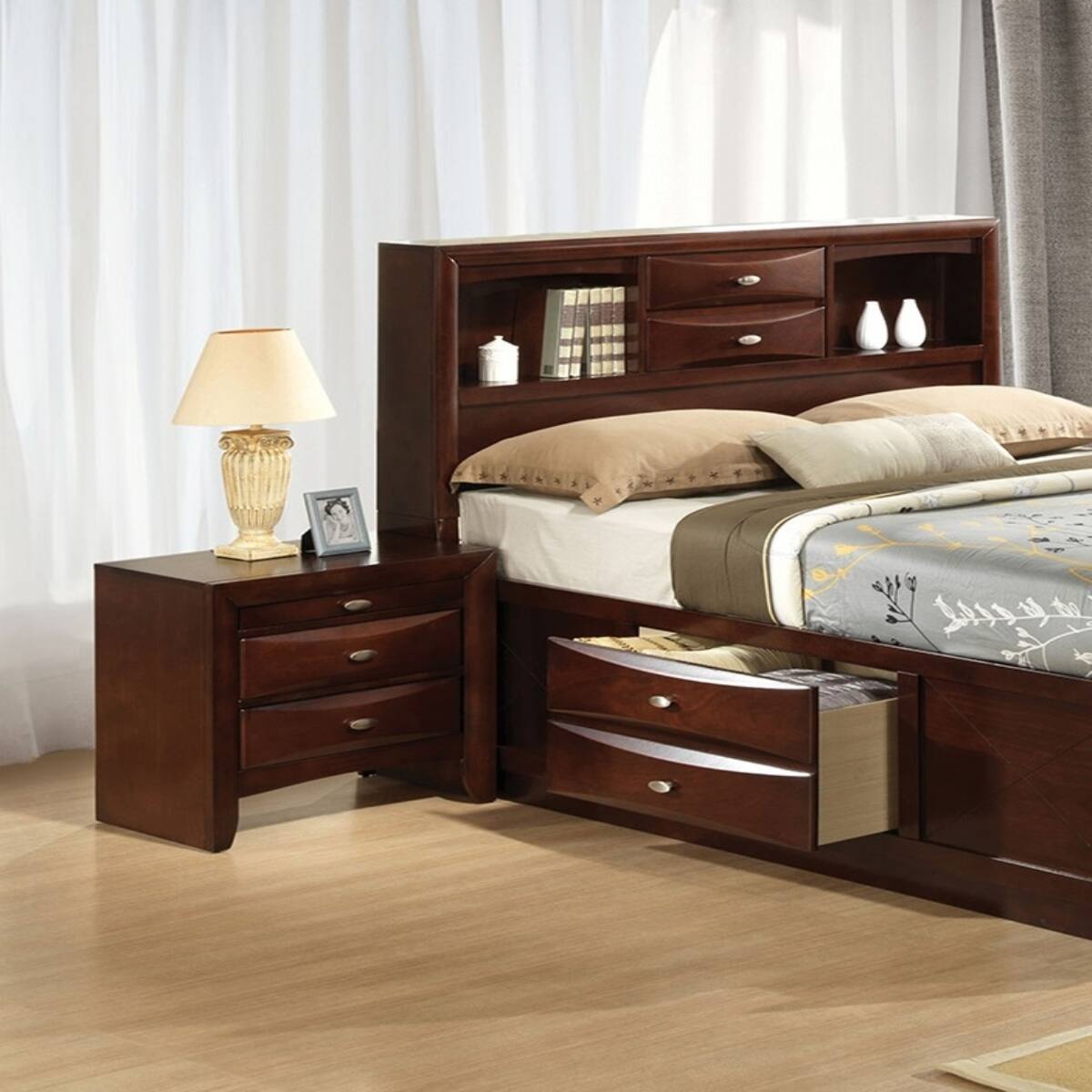 Left. Loheer - Loheer Cherry Two Drawer Nightstand with Pull Out Tray, Wood Bedside Cabinet - Cherry.