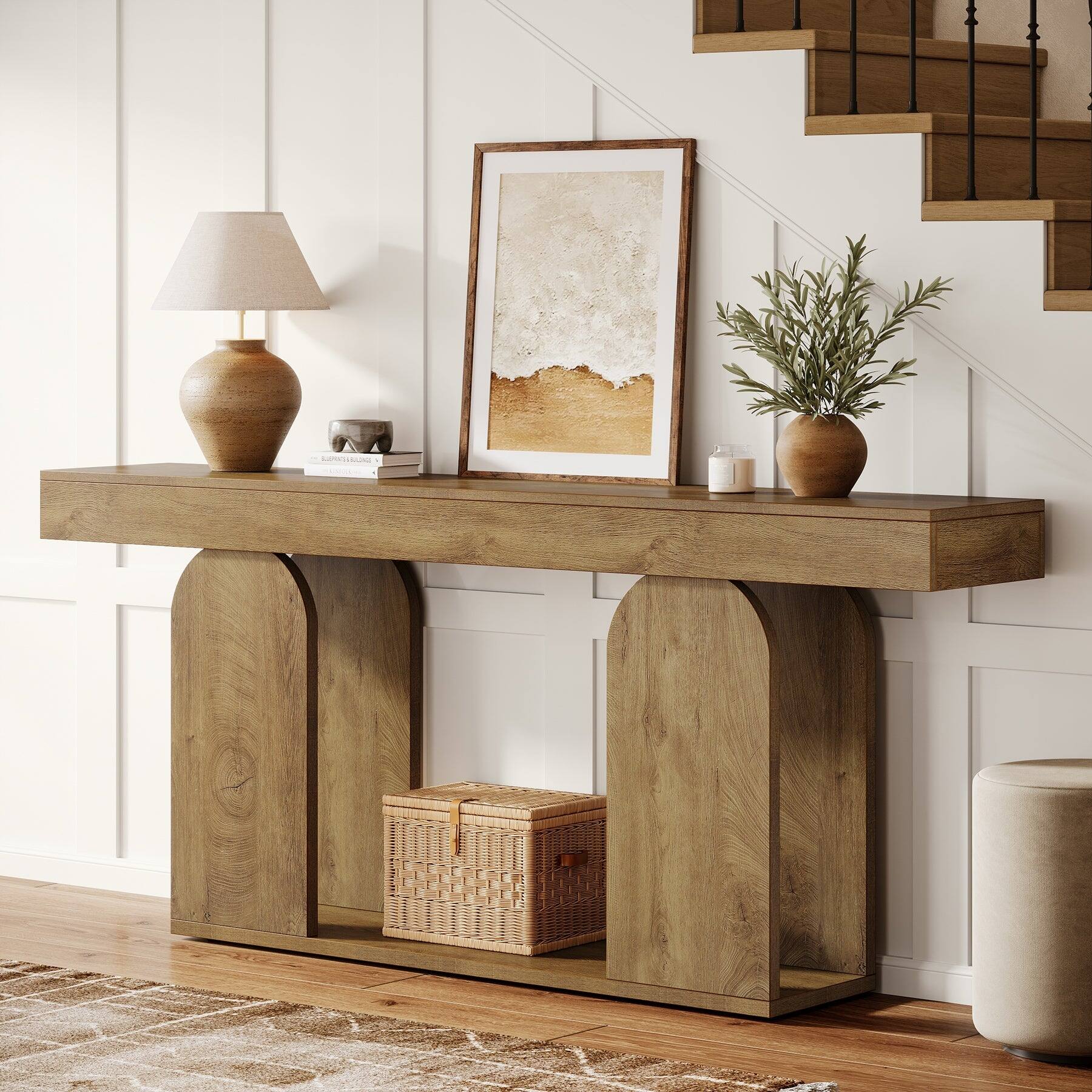 Back. Tribesigns - Console Table with Engineered Wood Construction and Storage Shelves for Entryway, Hallway and Living Room - Light Brown.