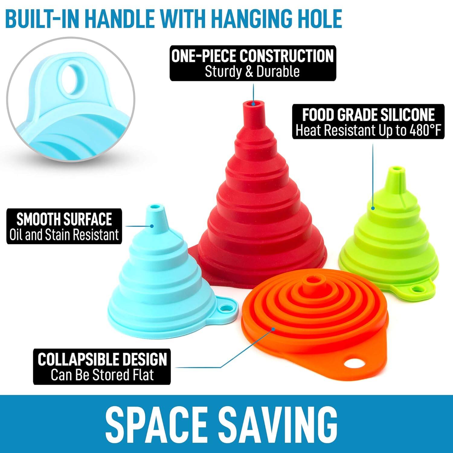 - BUILT-IN HANDLE WITH HANGING HOLE
- ONE-PIECE CONSTRUCTION
  - Sturdy & Durable
- FOOD GRADE SILICONE
  - Heat Resistant Up to 480°F
- SMOOTH SURFACE
  - Oil and Stain Resistant
- COLLAPSIBLE DESIGN
  - Can Be Stored Flat
- SPACE SAVING
