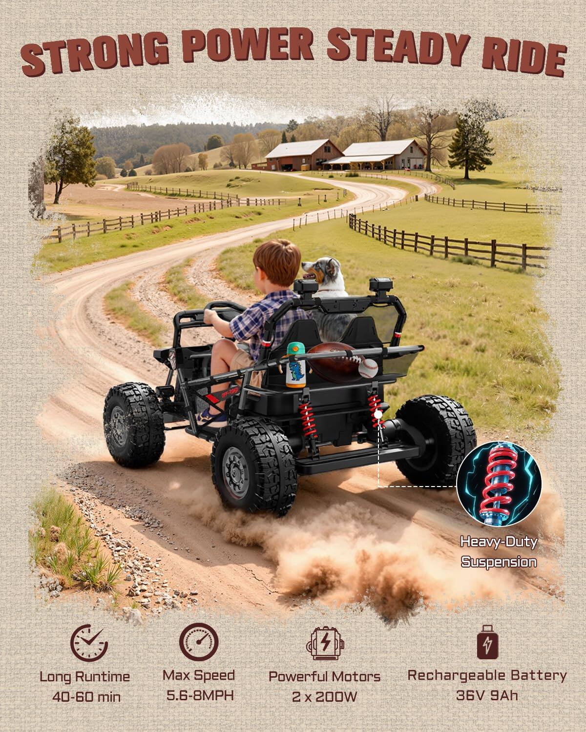 STRONG POWER STEADY RIDE

Heavy-Duty Suspension

1. Long Runtime: 40-60 min
2. Max Speed: 5.6-8MPH
3. Powerful Motors: 2 x 200W
4. Rechargeable Battery: 36V 9Ah