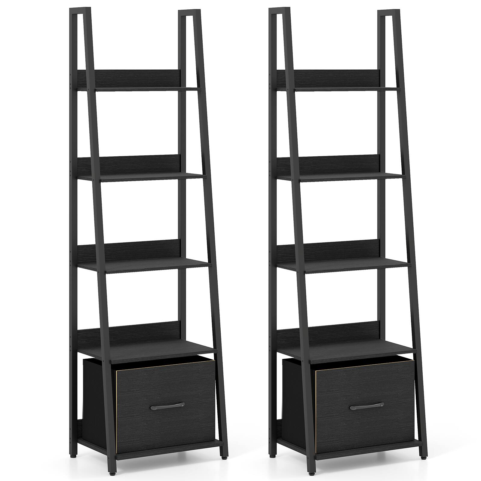 Alt View 9. Costway - Costway 2 Pcs Ladder Bookshelf, Modern Freestanding Bookcase with Removable Fabric Drawer - Black.