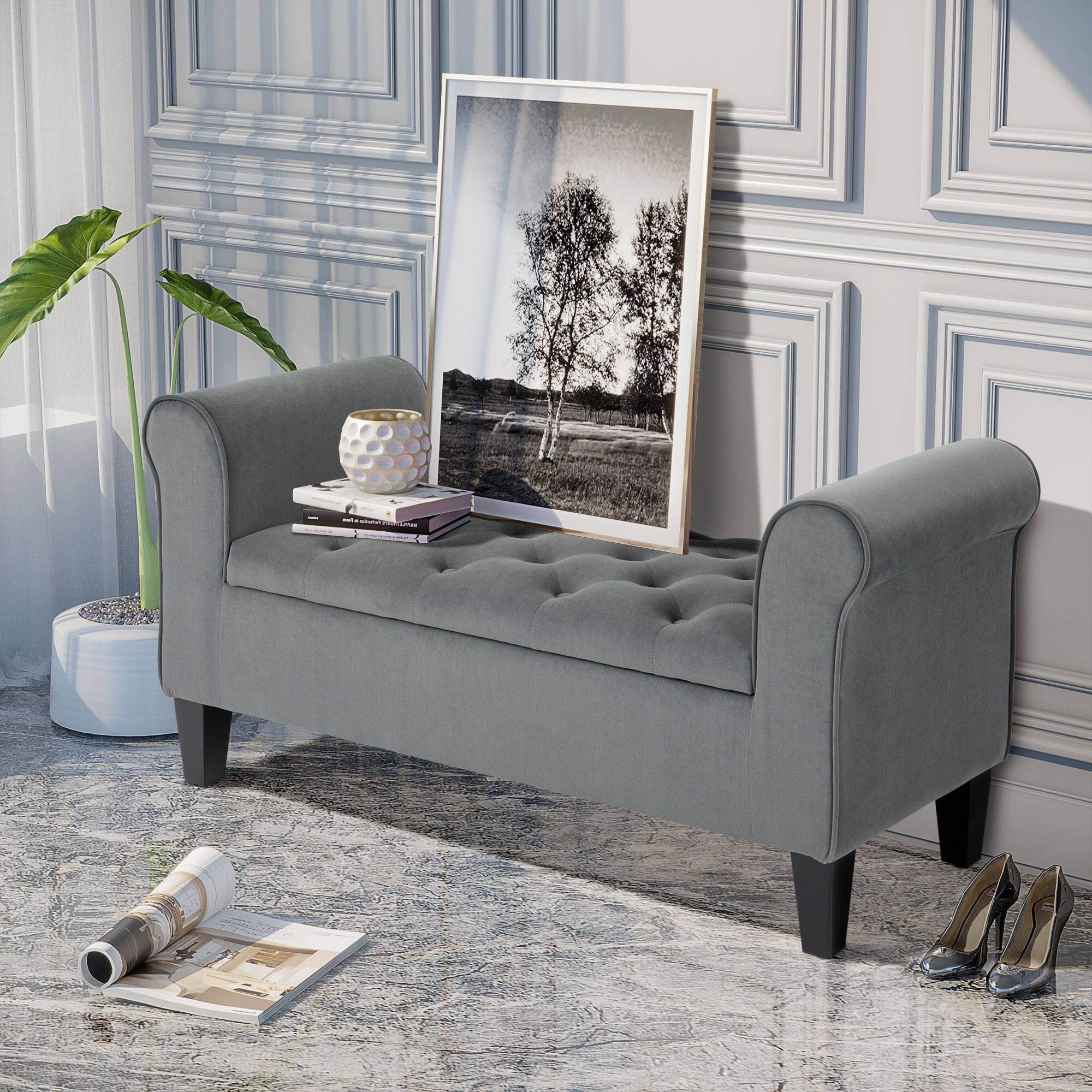 Alt View 1. Homcom - Button-Tufted Storage Ottoman Bench w/ Rolled Armrests - Grey.
