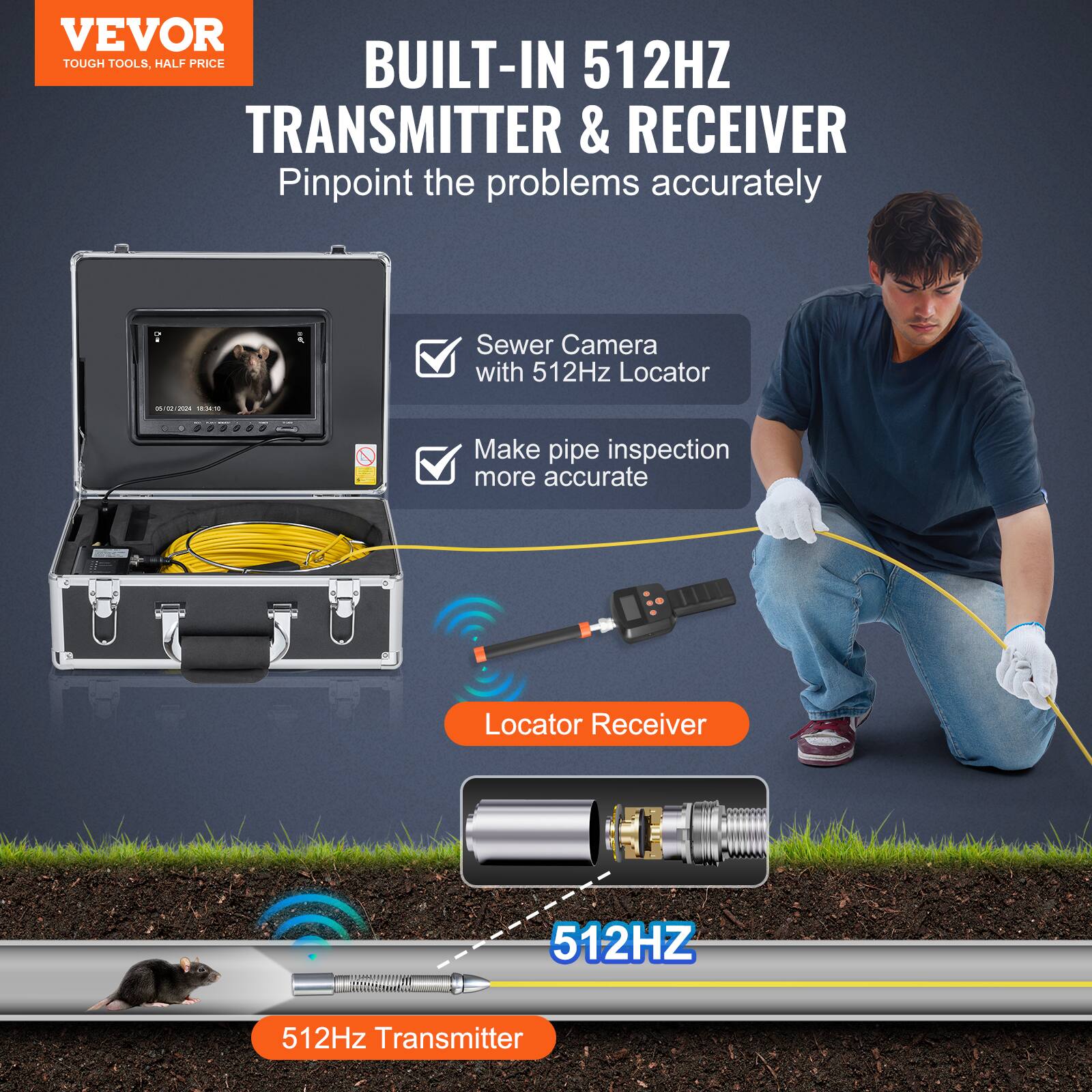 VEVOR TOUGH TOOLS, HALF PRICE

BUILT-IN 512HZ TRANSMITTER & RECEIVER

Pinpoint the problems accurately

Sewer Camera with 512Hz Locator

Make pipe inspection more accurate

Locator Receiver

512Hz Transmitter