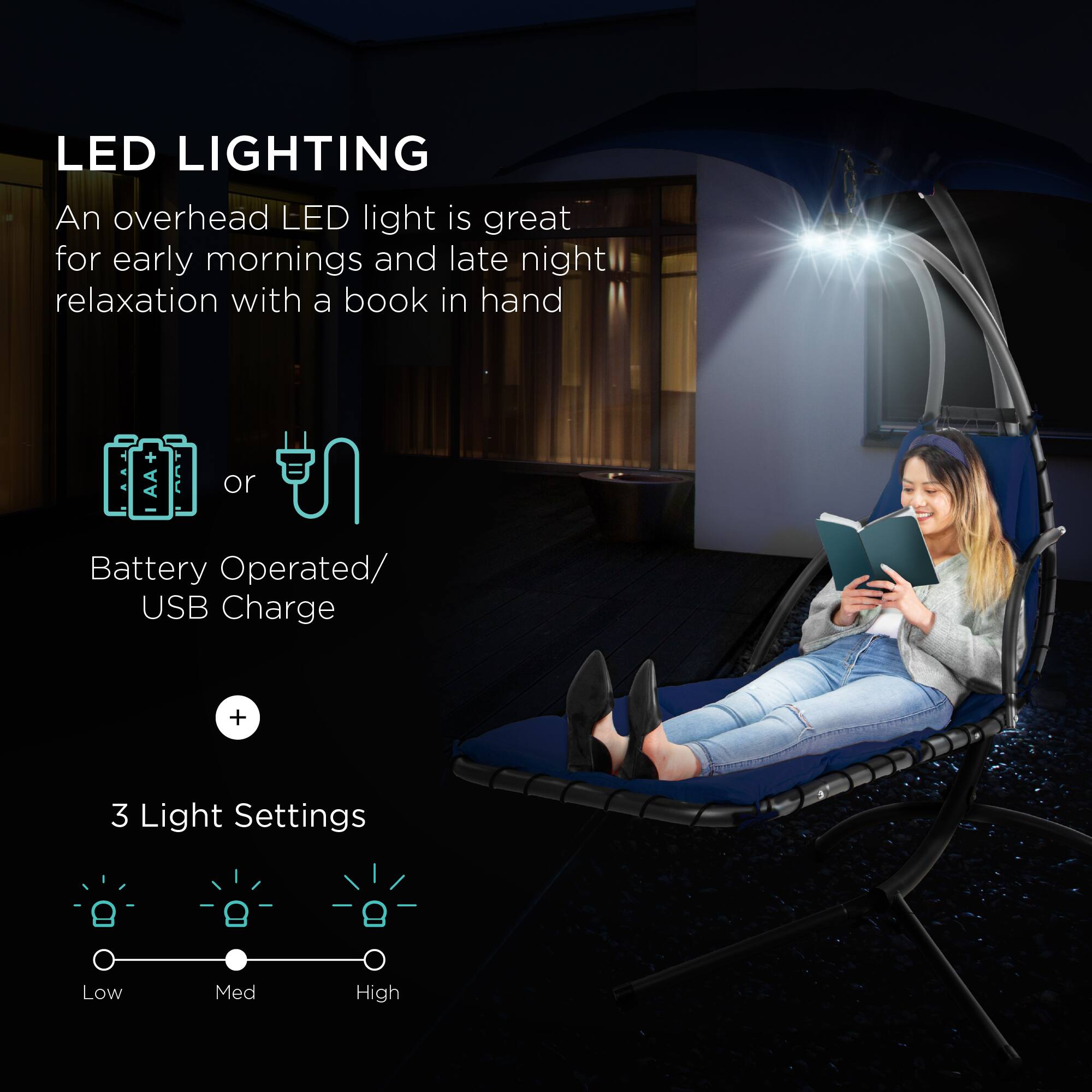 LED LIGHTING

An overhead LED light is great for early mornings and late night relaxation with a book in hand

Battery Operated/ USB Charge

3 Light Settings
Low Med High