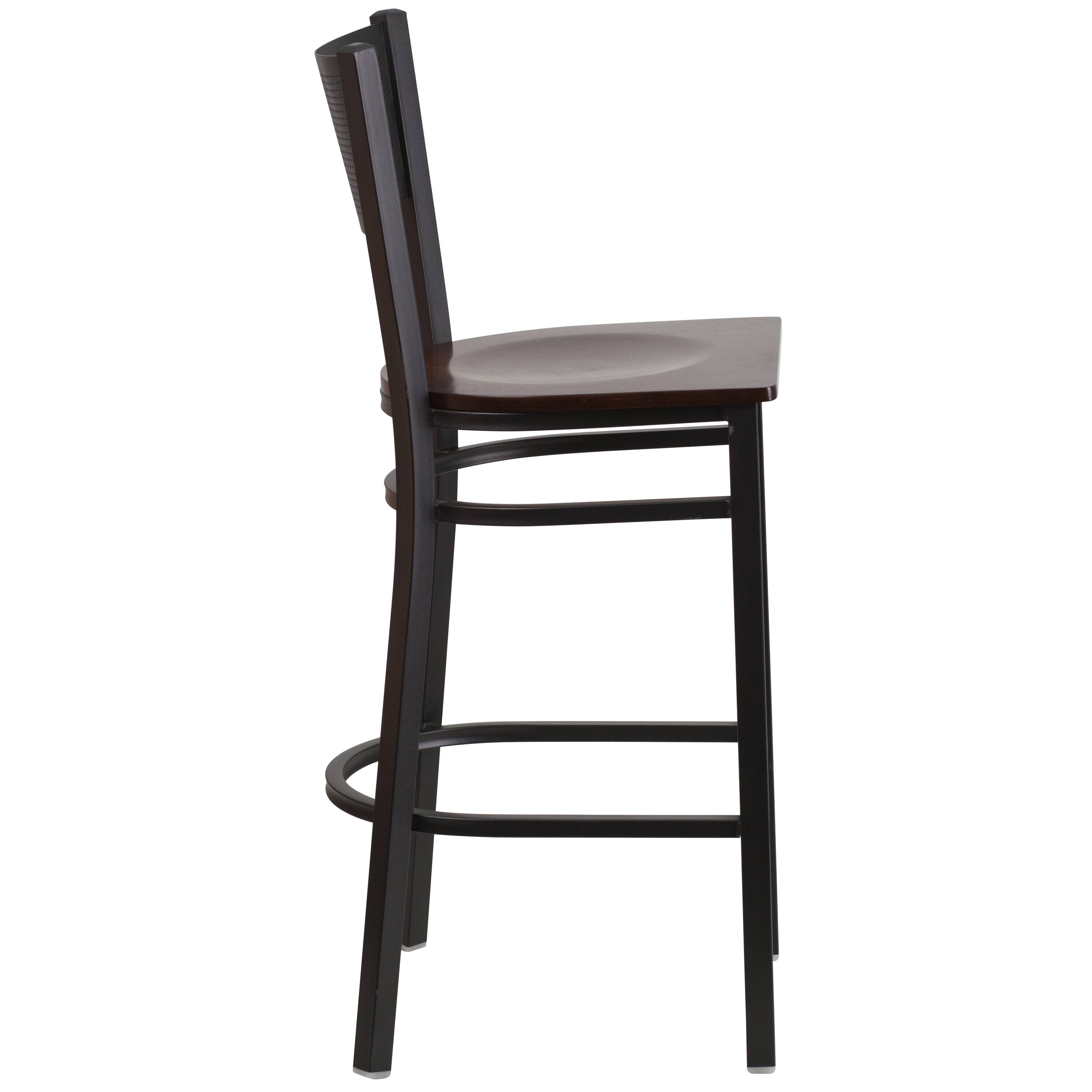 Alt View 4. Emma + Oliver - Grid Back Metal Restaurant Dining Barstool - Walnut Wood Seat/Black Metal Frame.