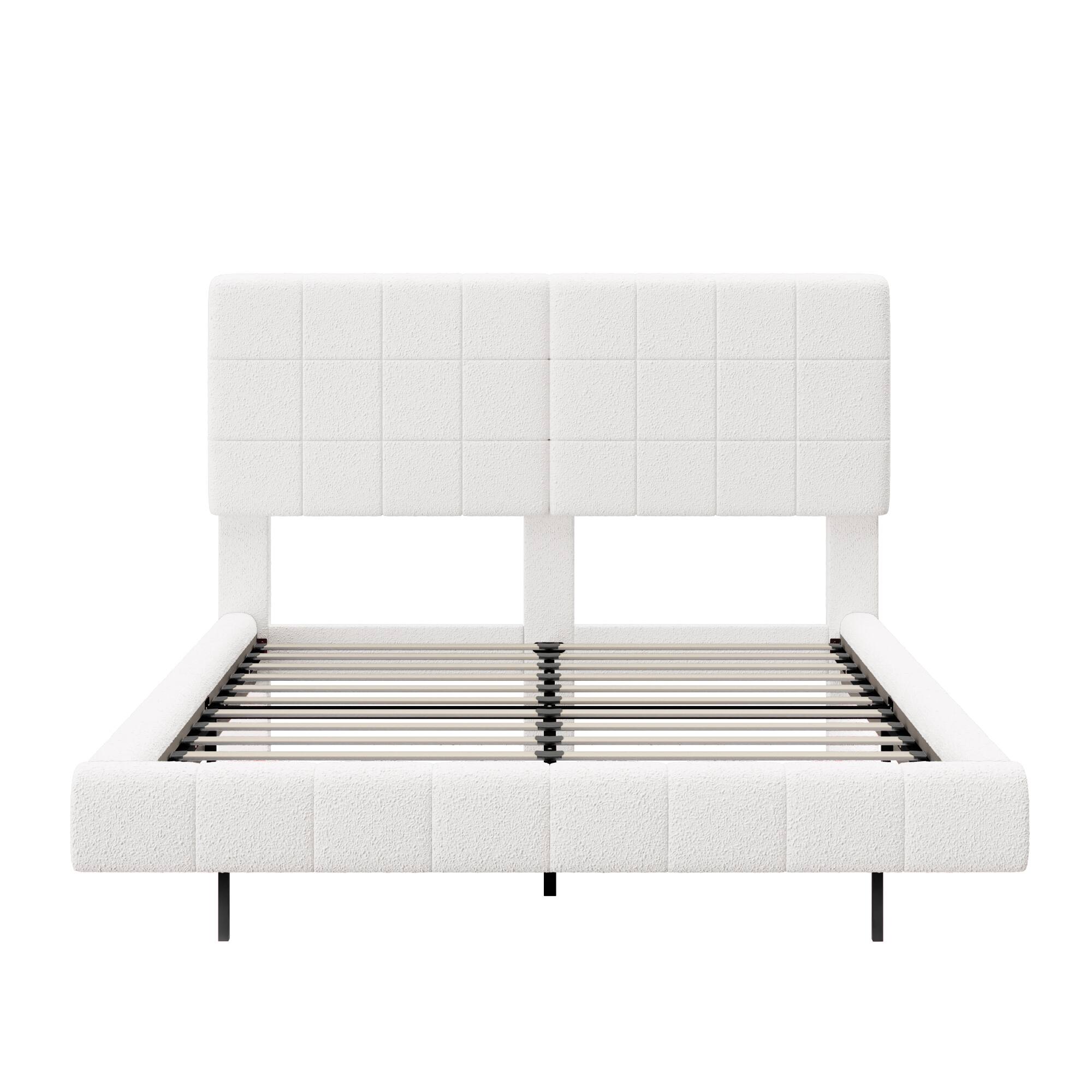 Alt View 2. LUCKY ONE - Queen Size Boucle Floating Bed with Light - White.
