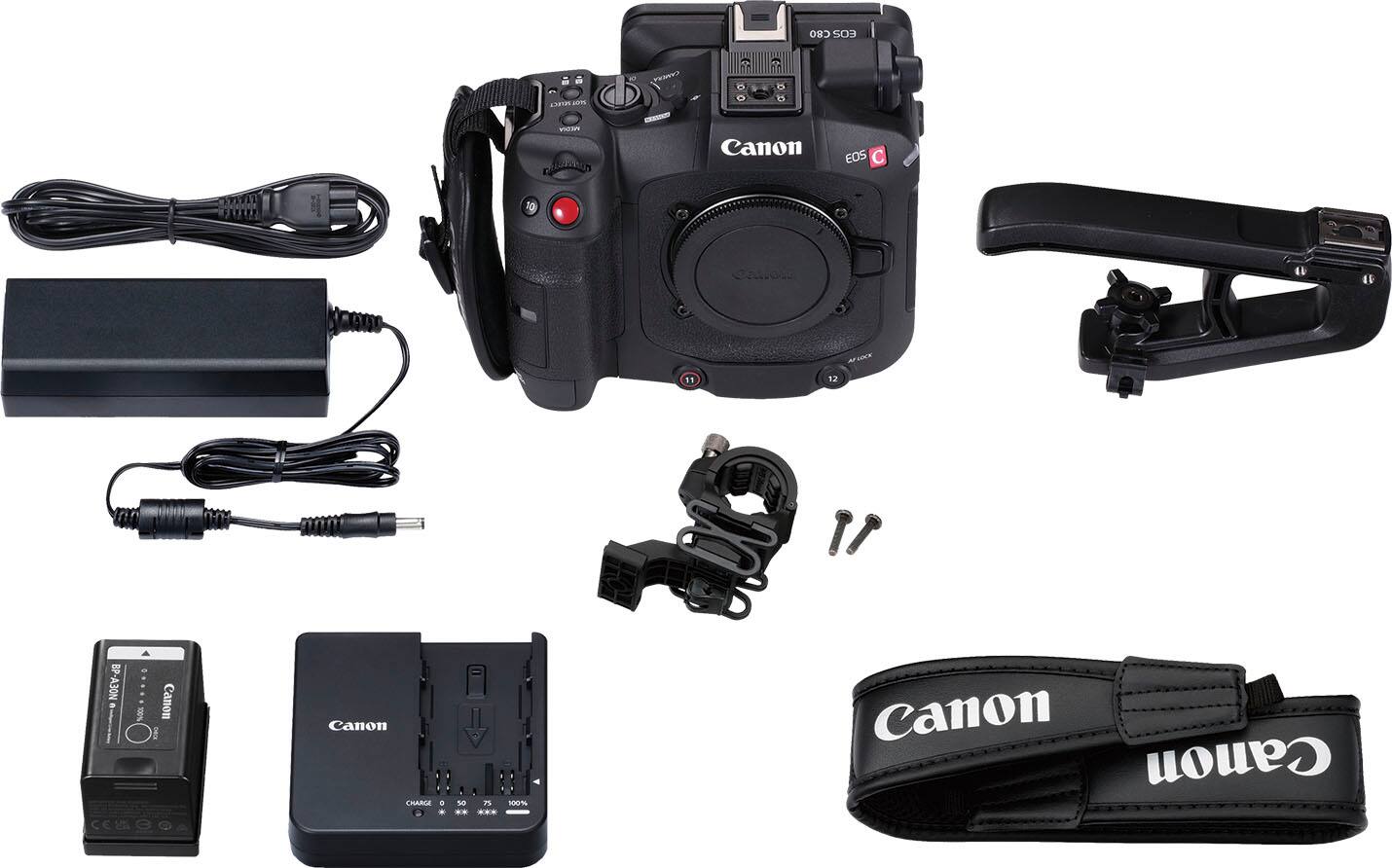 The image shows a Canon EOS C800 camera and its accessories laid out on a white background. The camera is accompanied by a strap, a battery pack, a charger, a cable, and a case. The accessories are arranged in a neat and organized manner, making it easy to identify each item. The camera itself is positioned towards the center of the image, with the other accessories surrounding it.