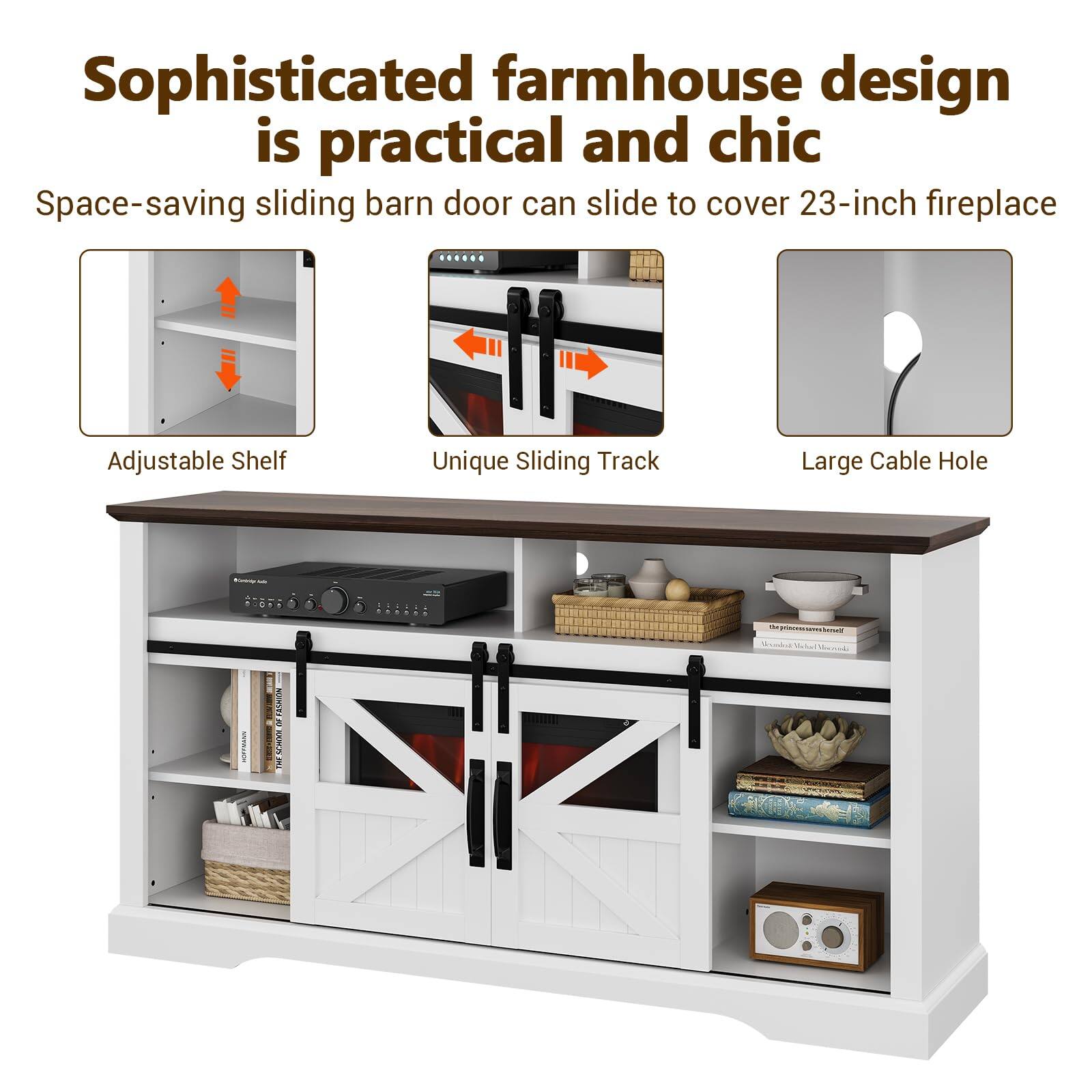 Sophisticated farmhouse design is practical and chic

Space-saving sliding barn door can slide to cover 23-inch fireplace

Adjustable Shelf

Unique Sliding Track

Large Cable Hole