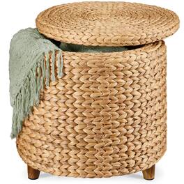 Best Choice Products - 17" Round Storage Ottoman with Lid - Handwoven Water Hyacinth Modern Footstool - Natural