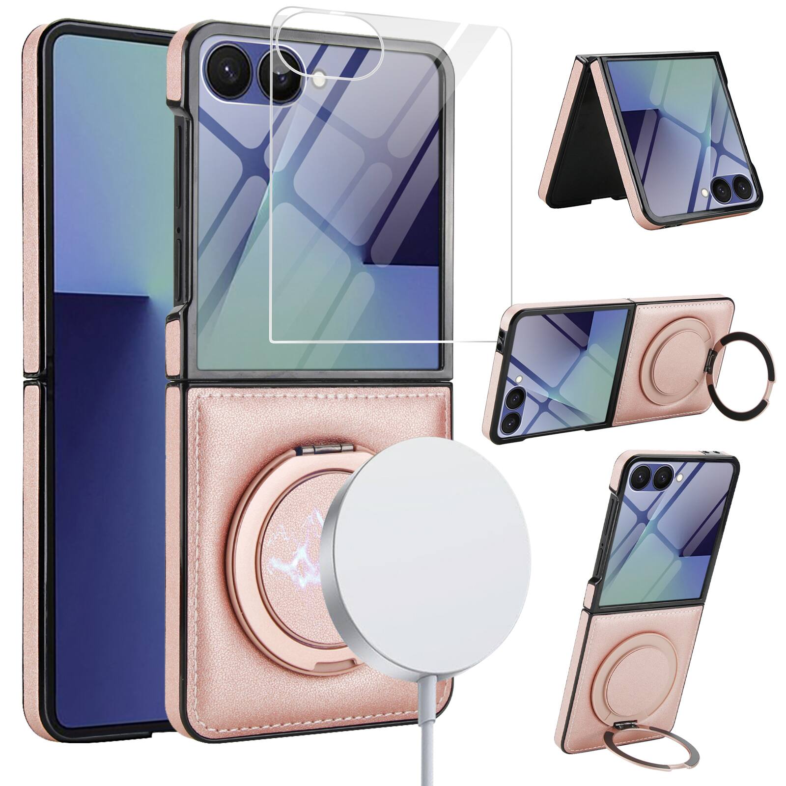 Dteck - Magnetic Case for Samsung Galaxy Z Flip7,360° Ring Kickstand Built-in Screen Protector Faux Leather Shockproof Cover - Rosegold