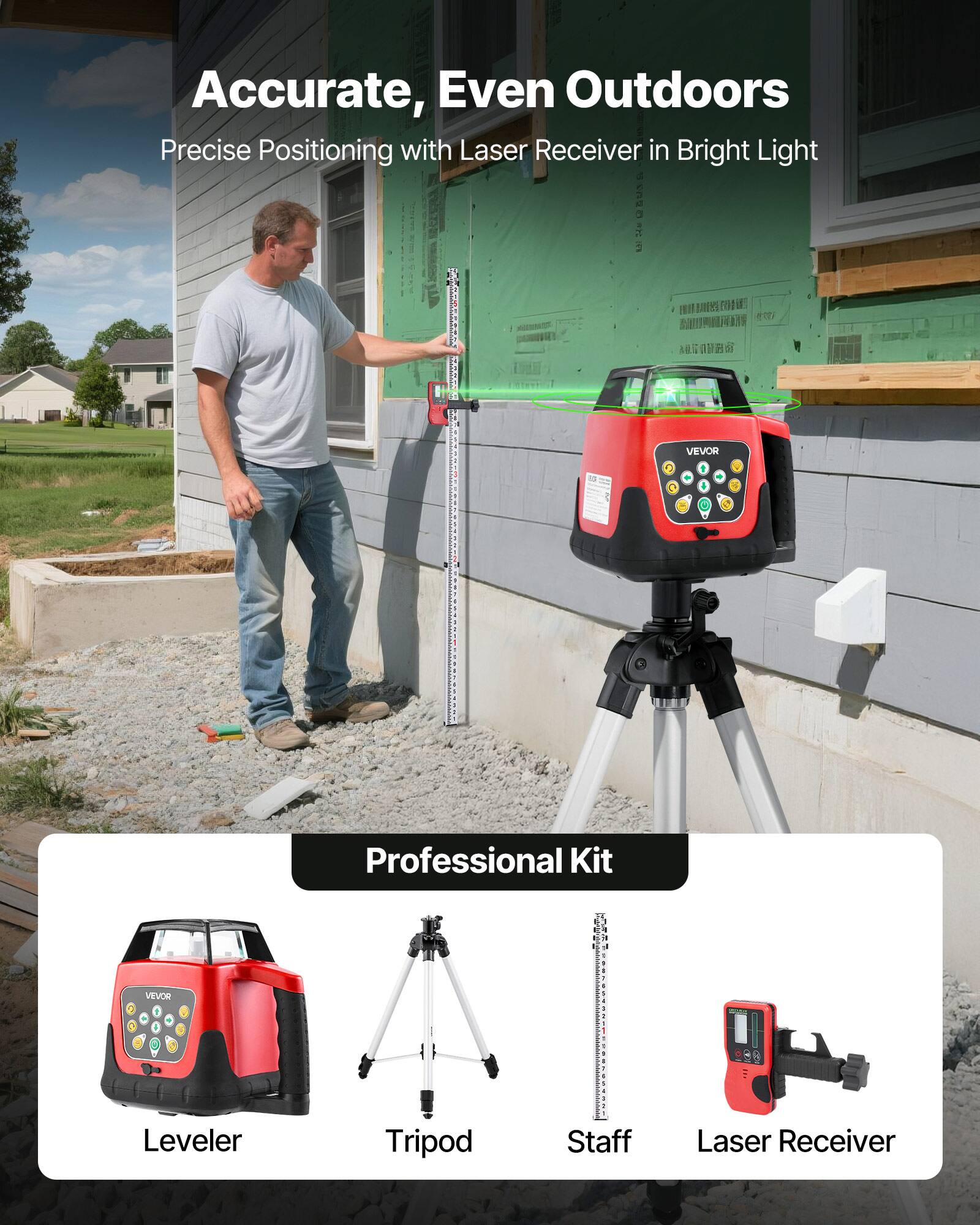 Accurate, Even Outdoors  
Precise Positioning with Laser Receiver in Bright Light  

Professional Kit  
Leveler  
Tripod  
Staff  
Laser Receiver