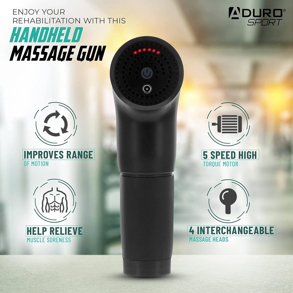 ENJOY YOUR REHABILITATION WITH THIS  
HANDHELD MASSAGE GUN  

IMPROVES RANGE OF MOTION  

HELP RELIEVE MUSCLE SORENESS  

5 SPEED HIGH TORQUE MOTOR  

4 INTERCHANGEABLE MASSAGE HEADS