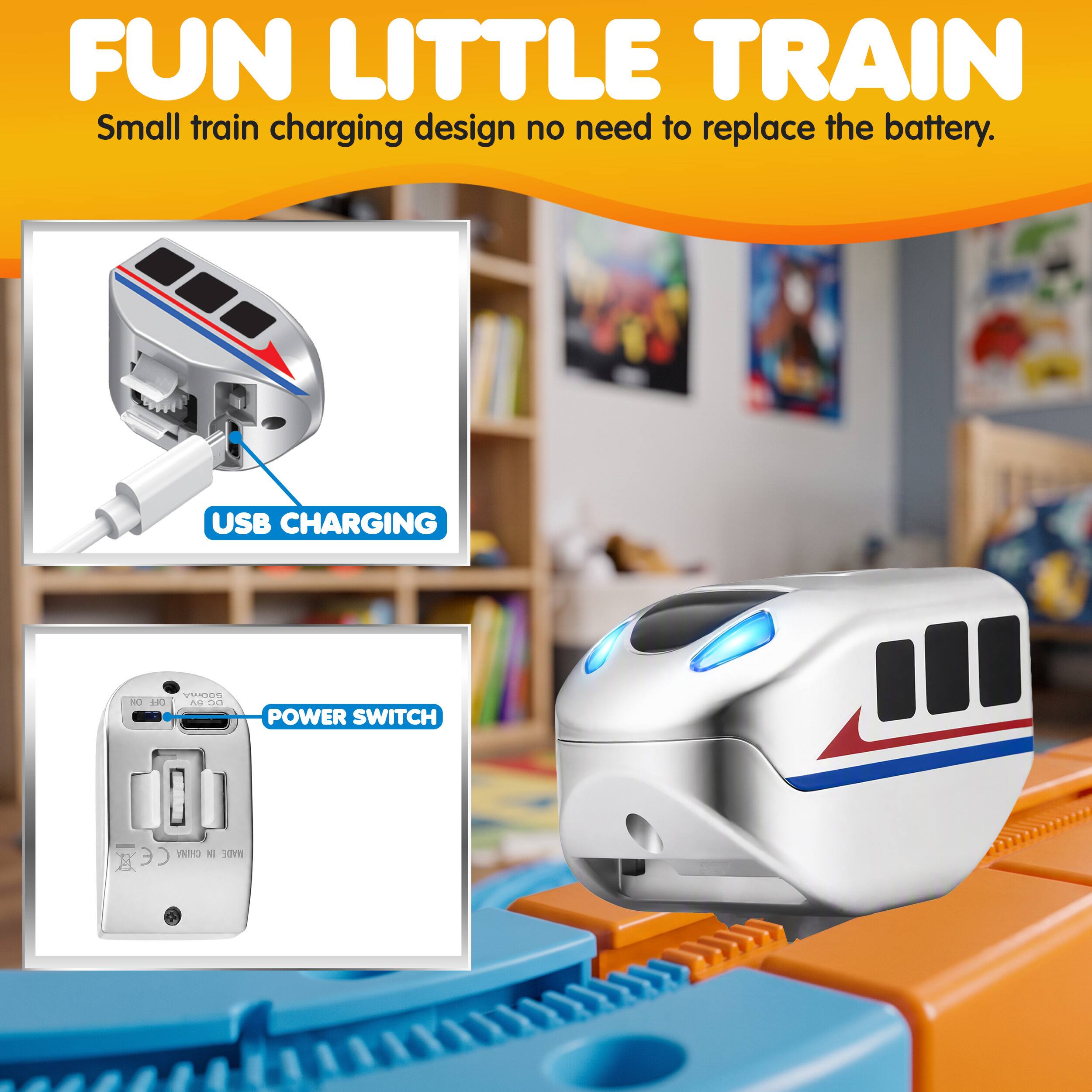 FUN LITTLE TRAIN  
Small train charging design no need to replace the battery.  

USB CHARGING  
NO OFF  
500mA AC DC  
POWER SWITCH  
CHINA MADE