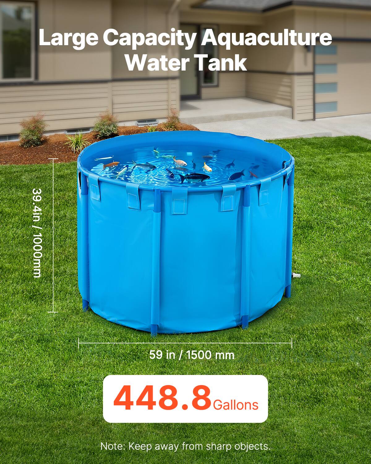 Large Capacity Aquaculture Water Tank  
39.4in / 1000mm  
59 in / 1500 mm  
448.8 Gallons  

Note: Keep away from sharp objects.
