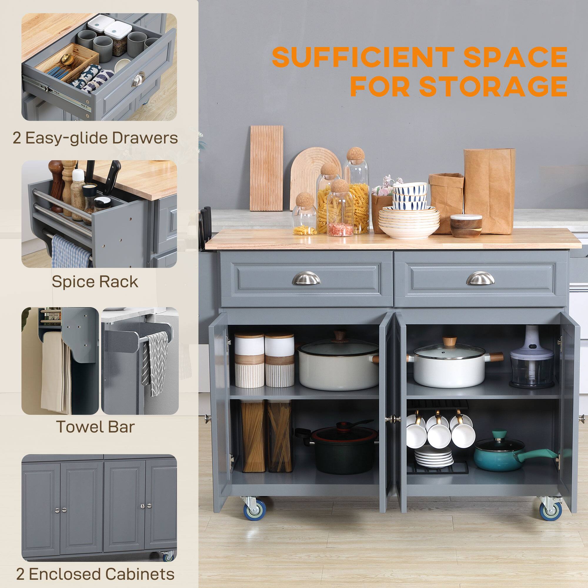 SUFFICIENT SPACE FOR STORAGE

2 Easy-glide Drawers  
Spice Rack  
Towel Bar  
2 Enclosed Cabinets