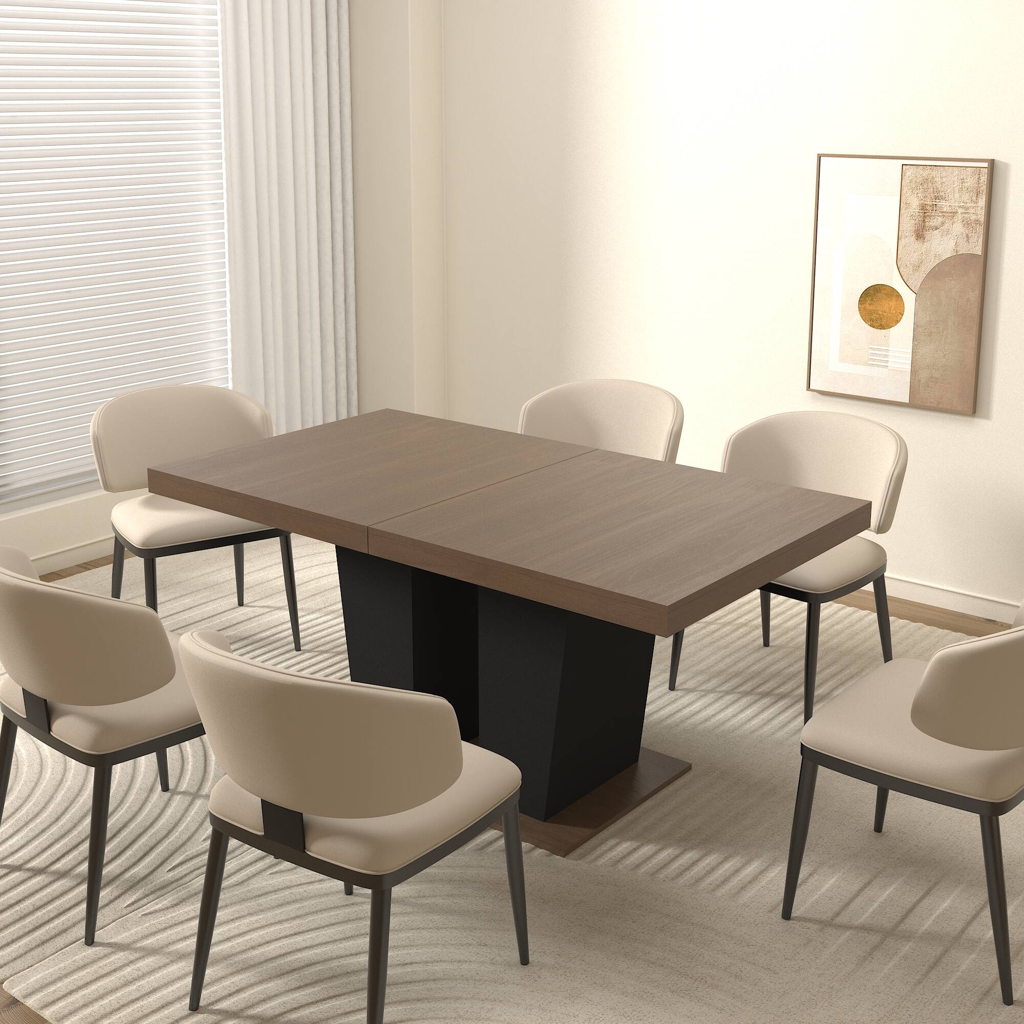 Alt View 1. Tiramisubest - Extendable Dining Table for 4-10 People, Large Rectangle Dining Table with Black Double Sturdy Pedestal Base - Beige+Brown.