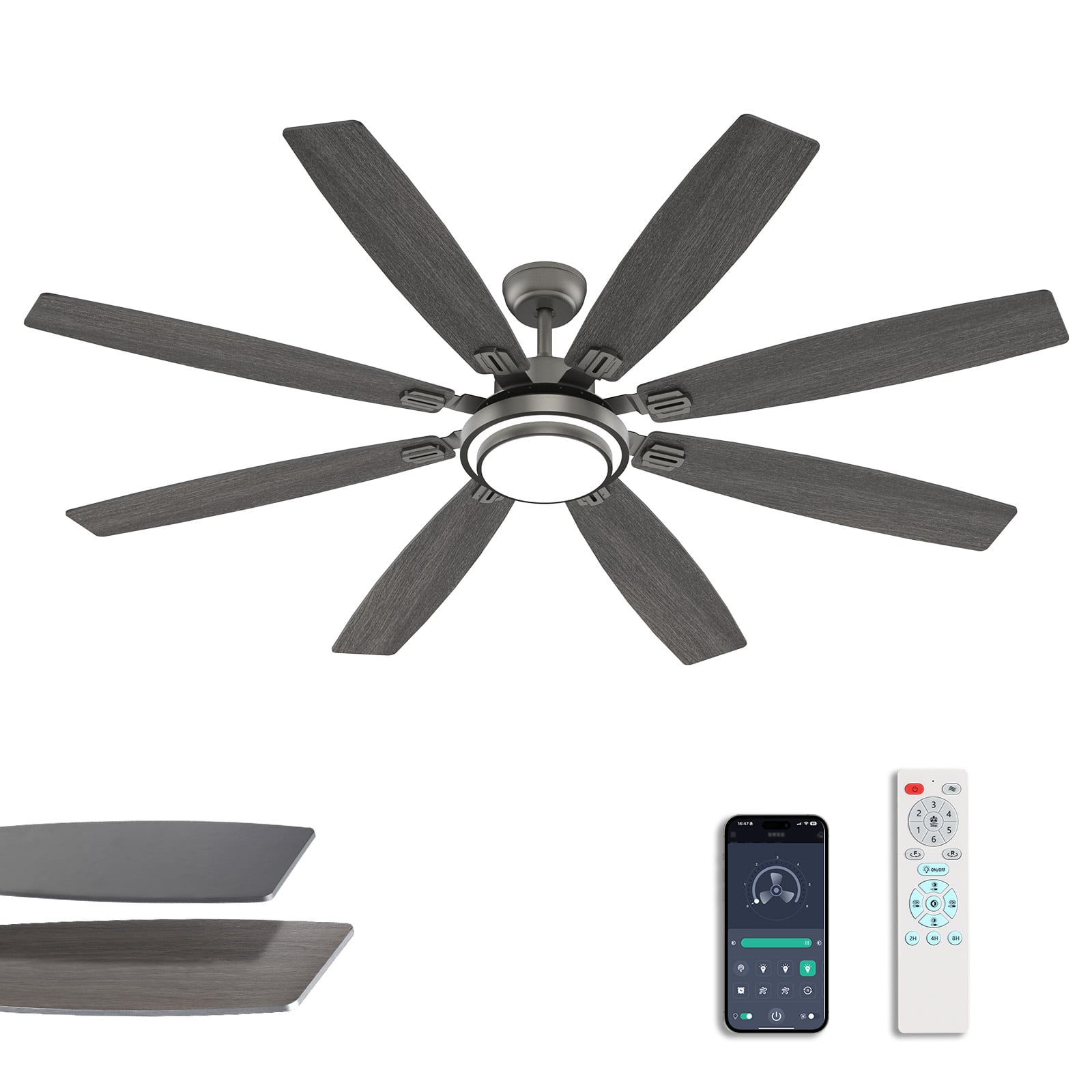 Siljoy - 72-in Ceiling Fan with or Oak Color Blades Ceiling Fan With Light-Remote Included - Gray