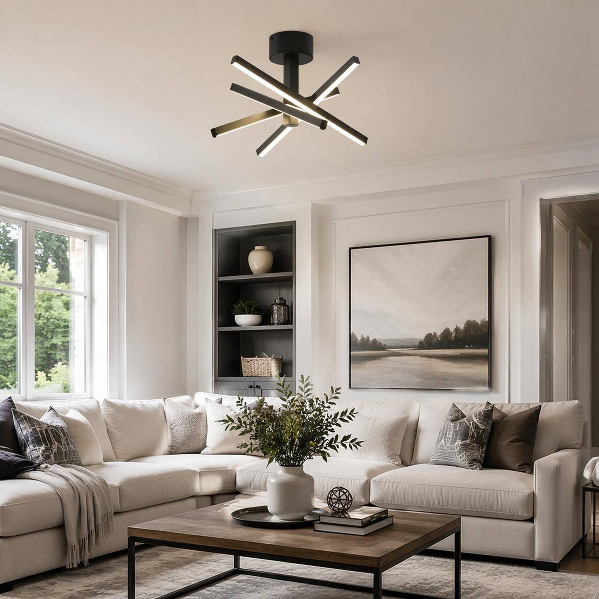 Angle. RYHNUYNE - Modern Sputnik‑Style LED Ceiling Light Fixture,Black Ceiling Lighting for Living Room Entryway - Black.