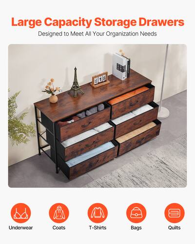 VEVOR 6 Drawer Tall Chest Dresser With Steel Frame Fabric Storage Tower Rustic Brown Bedroom Tv Stand Organizer VEVOR 6 Drawer Tall Chest Dresser With Steel Frame Fabric Storage Tower Rustic Brown Bedroom Tv Stand Organizer