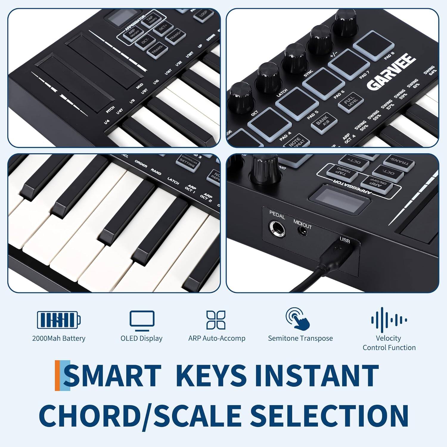 LEE TAPP OCT+ KPP TRANSA - OCT TRANs VNE V UNIT UW MOG uNT UB INTOR vAt Ue O DADEN FTINa RAND AC LATON Re OCT ARP . OCT ANP OCT +/- PAD SNC GARVEE StG 64% PAO SWING e% LKTON . SWe PAD FULL 59% LEVEL SWING 57% S PAD BANK SWING 55% A SWING 5% & PAD ARD & NOTE PGAT OCT OCLs TRANS A Ca TAP 2 TOR ARP M ARPERGIA PEDAL TUOIOM UB IIHHI 2000Mah Battery OLED Display ARP Auto-Accomp Semitone Transpose Velocity Control Function SMART KEYS INSTANT CHORD/SCALE SELECTION