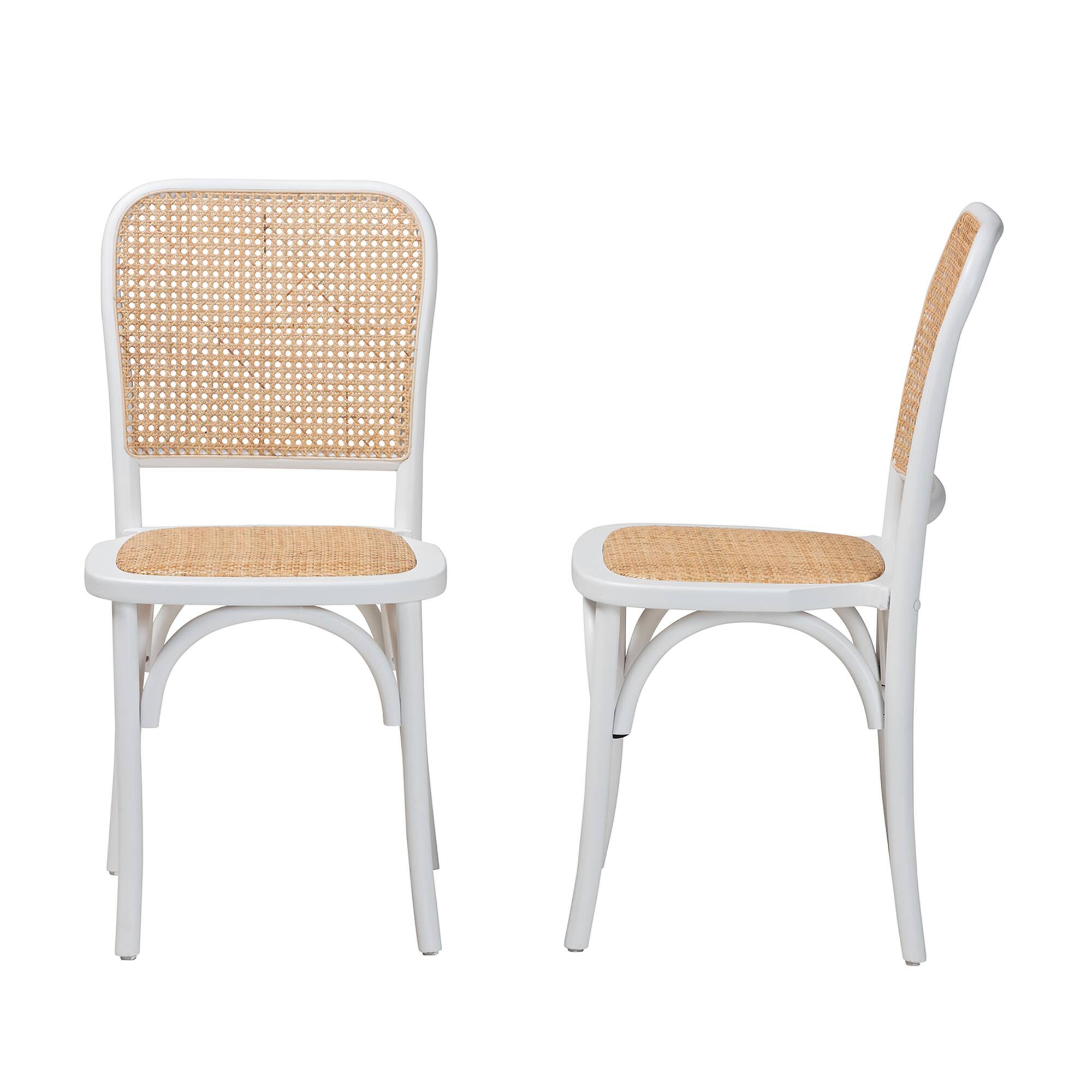 Left. Baxton Studio - Neah Japandi Wood and Natural Rattan 2-Piece Dining Chair Set - White/Natural Brown.