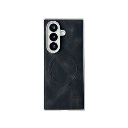 Dteck - Magnetic Leather-Texture Hard Case for Samsung Galaxy Z Fold7,Shock-Absorbing Skin-feel PC Cover,Qi Wireless Charging - Black