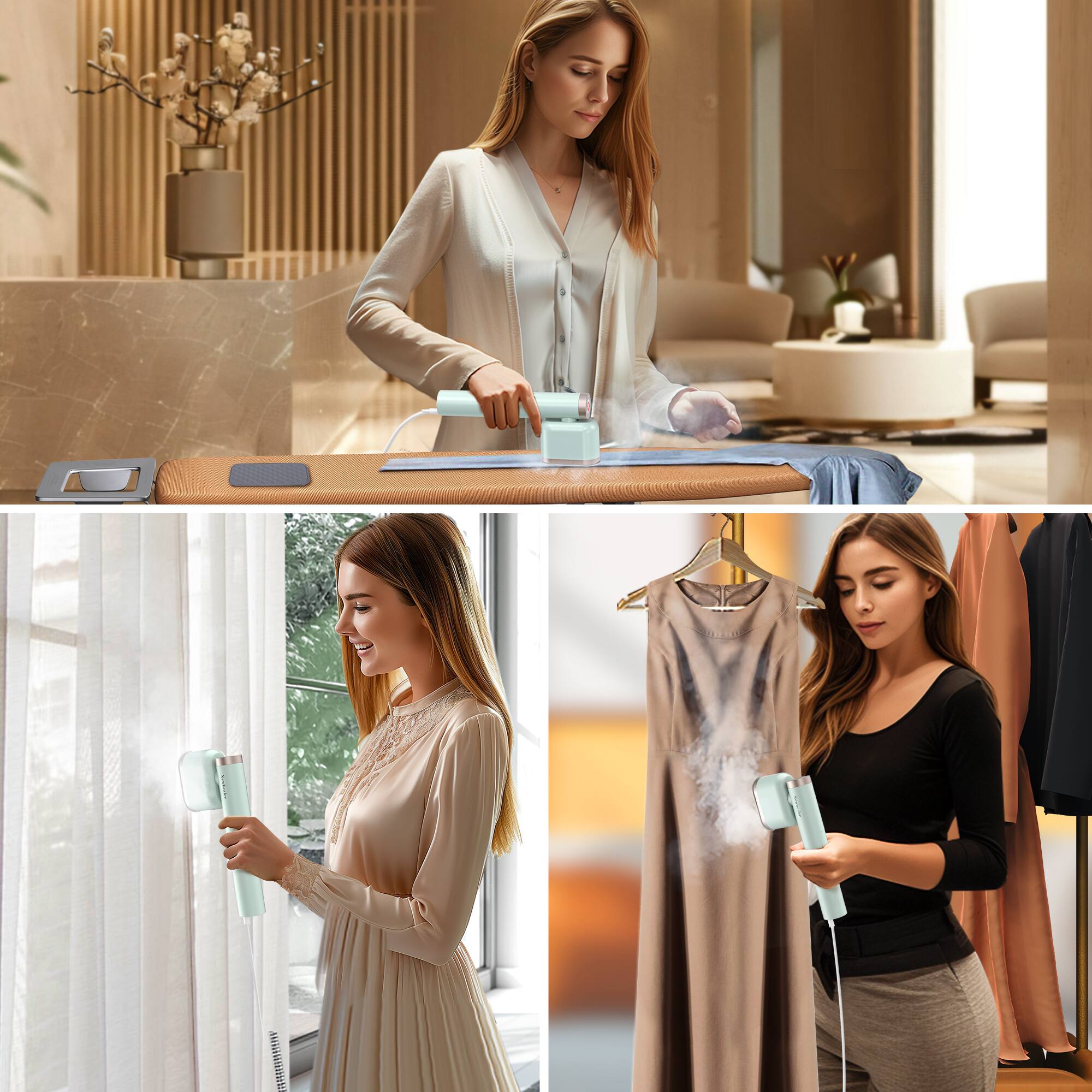 Alt View 2. Newbealer - Steamer for Clothes, 1200W Portable Steam Iron, 2 Steam Levels, Horizontal and Vertical Steaming - Green.