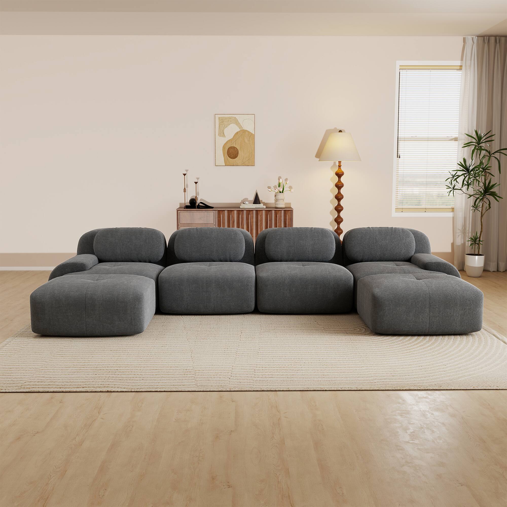 Angle. Aukfa - 4 Seats + 2 Ottoman Modular Corduroy Sectional Sofa - Ergonomic Support, Pet Friendly, Easy Assembly, Non-Slip Base - Gray.