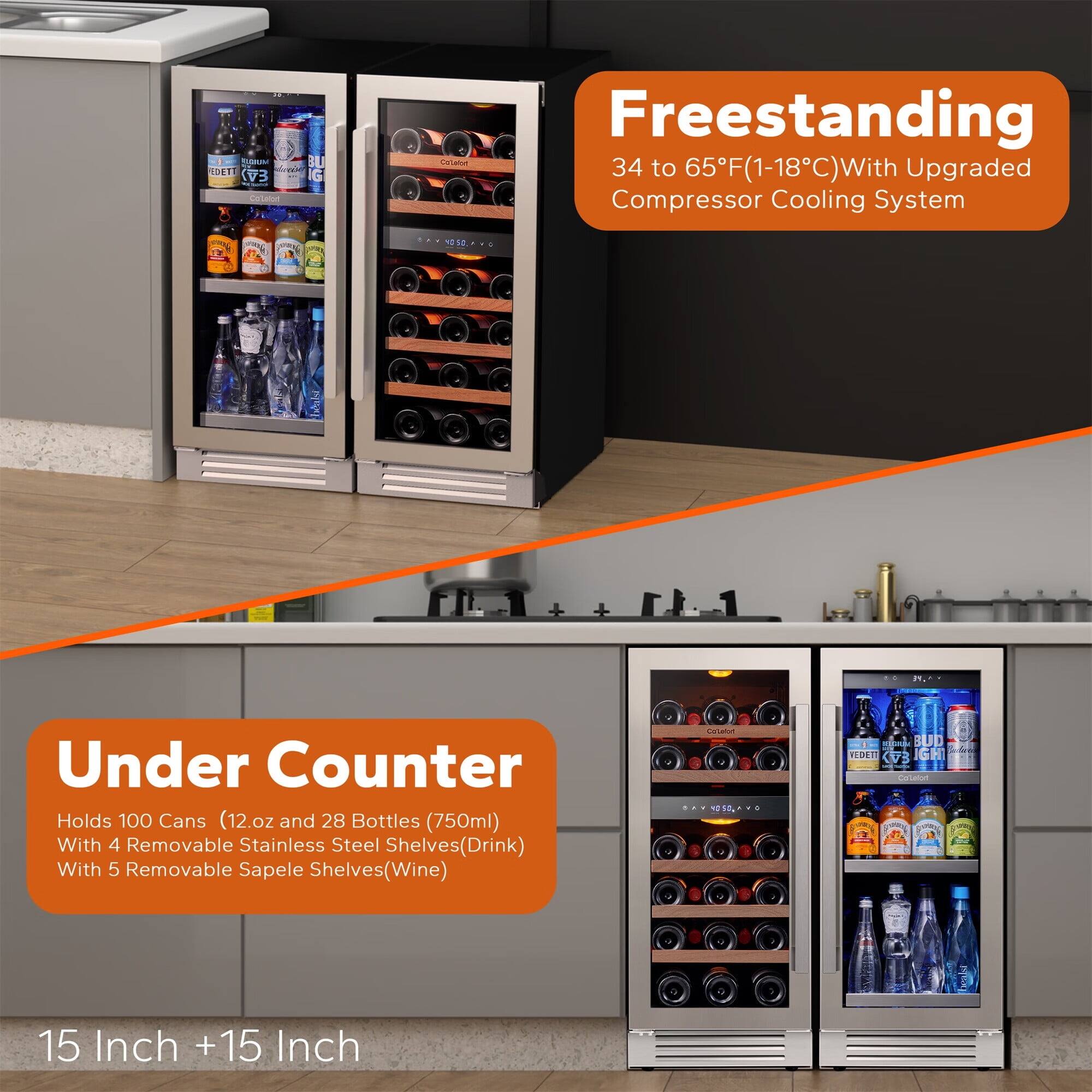 Freestanding  
34 to 65°F (1-18°C) With Upgraded Compressor Cooling System  

Under Counter  
Holds 100 Cans (12 oz and 28 Bottles (750ml) With 4 Removable Stainless Steel Shelves (Drink) With 5 Removable Sapele Shelves (Wine)  

15 Inch + 15 Inch