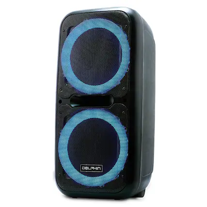 Front. Dolphin Audio - 3600W Portable Bluetooth Rechargeable BoxParty 2120 Party Speaker, Dual 12" Woofers, Lights, Wired Mic, Remote - Black.