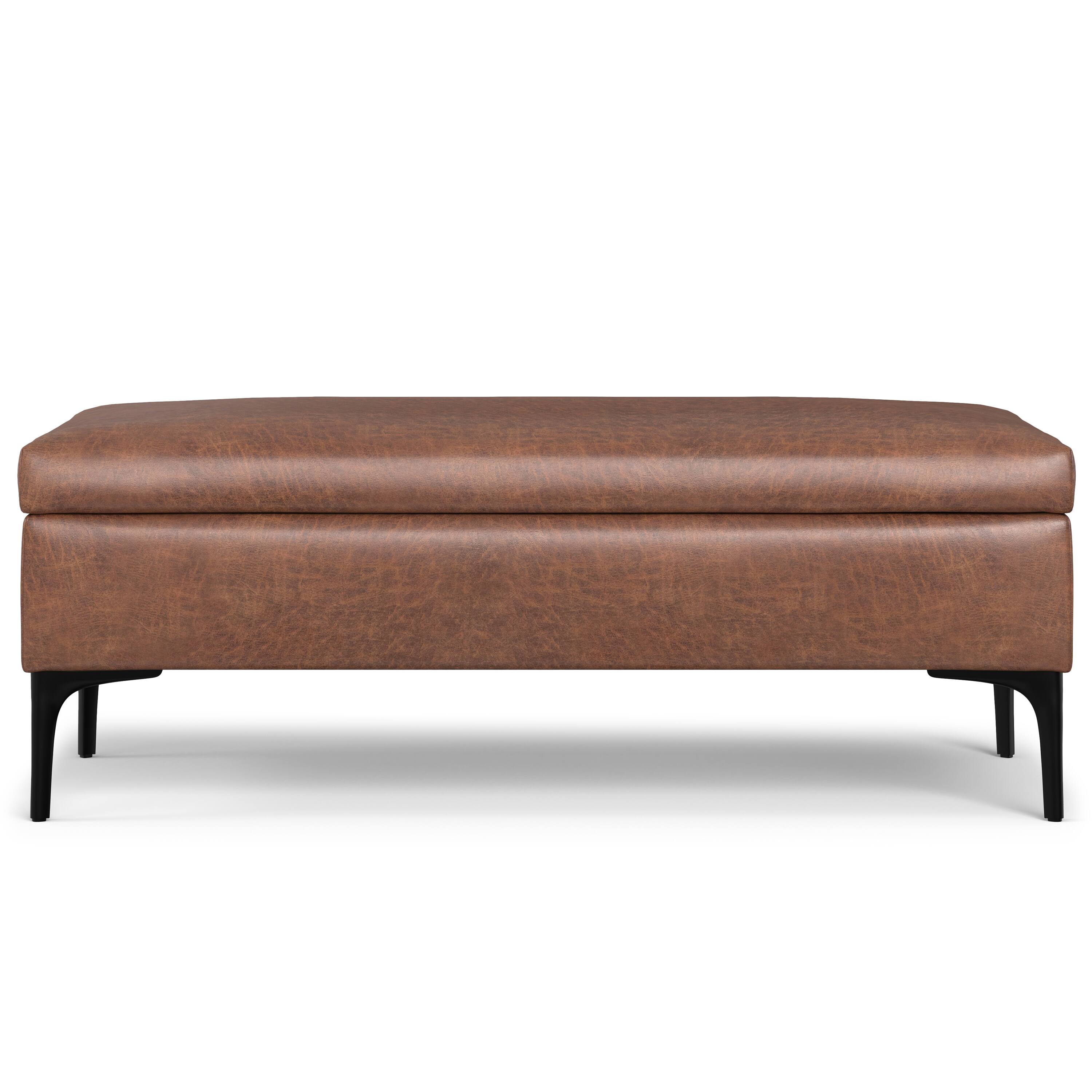 Left. Simpli Home - Rebecca 48 inch Mid Century Modern Storage Ottoman with Lift up Lid in Distressed Saddle Brown Faux Leather, Assembled - Distressed Saddle Brown.