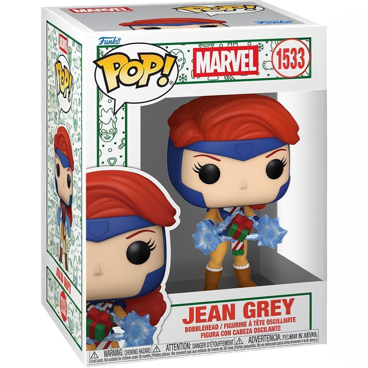 Sure, here is the corrected and grouped text from the image:

---

**Funko POP!**

**MARVEL**

**1533**

**JEAN GREY**

**BOBBLEHEAD / FIGURINE À TÊTE OSCILLANTE / FIGURA CON CABEZA OSCILANTE**

**WARNING: CHOKING HAZARD. Small parts. Not suitable for children under 36 months.**

**ATTENTION: DANGER D'ÉTOUFFEMENT. Pièces petites. Ne convient pas aux enfants de moins de 36 mois.**

**ADVERTENCIA: PEQUEÑAS PIEZAS. No es adecuado para menores de 36 meses.**

---

This text is organized to reflect the information on the packaging, including the brand, series number, character name, and safety warnings.