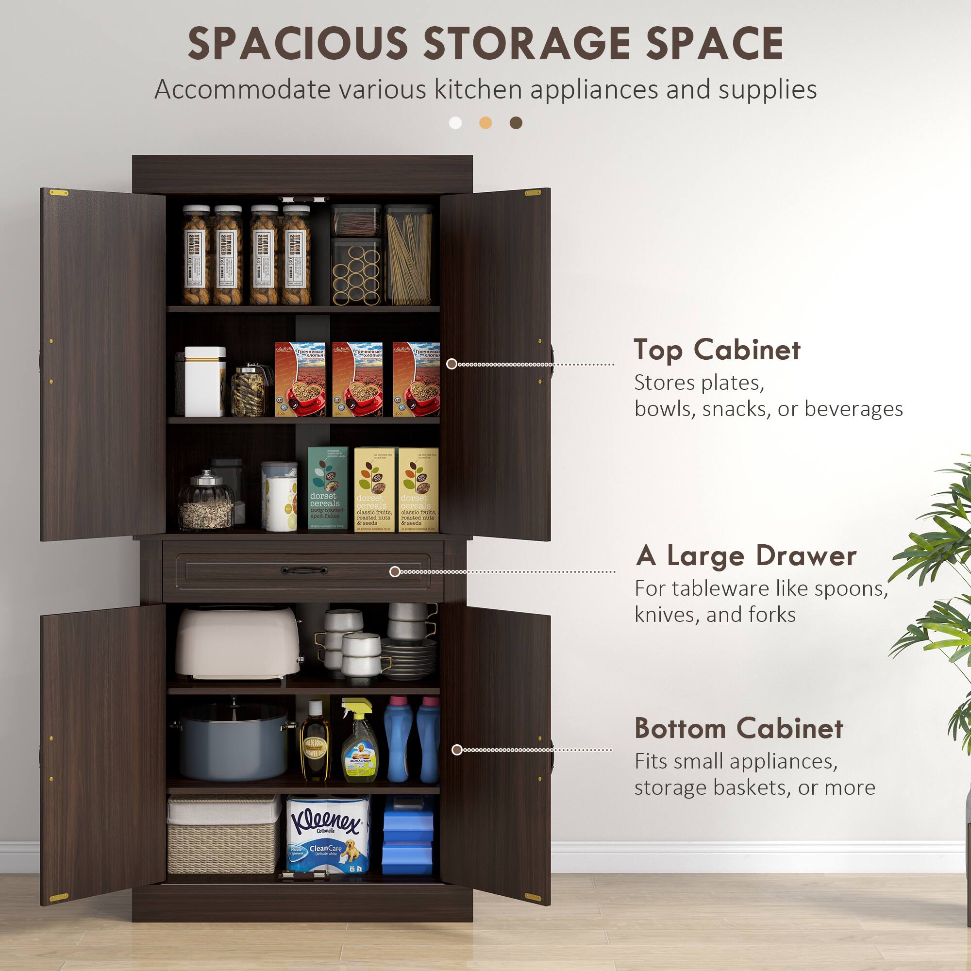 SPACIOUS STORAGE SPACE  
Accommodate various kitchen appliances and supplies

- Top Cabinet  
Stores plates, bowls, snacks, or beverages

- A Large Drawer  
For tableware like spoons, knives, and forks

- Bottom Cabinet  
Fits small appliances, storage baskets, or more