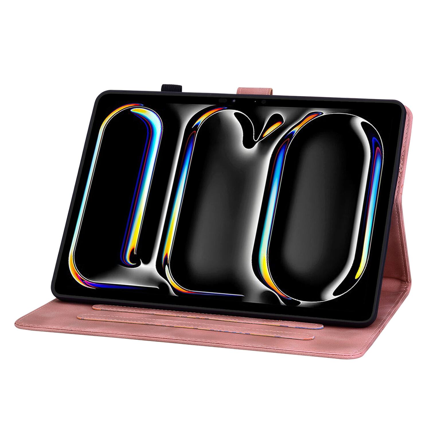 Back. Dteck - Foilo Case for Apple iPad Pro (M5) 11" 2025 & (M4) 2024,Embossed Pattern PU Leather Flip Card Holder Kickstand Cover - Pink.