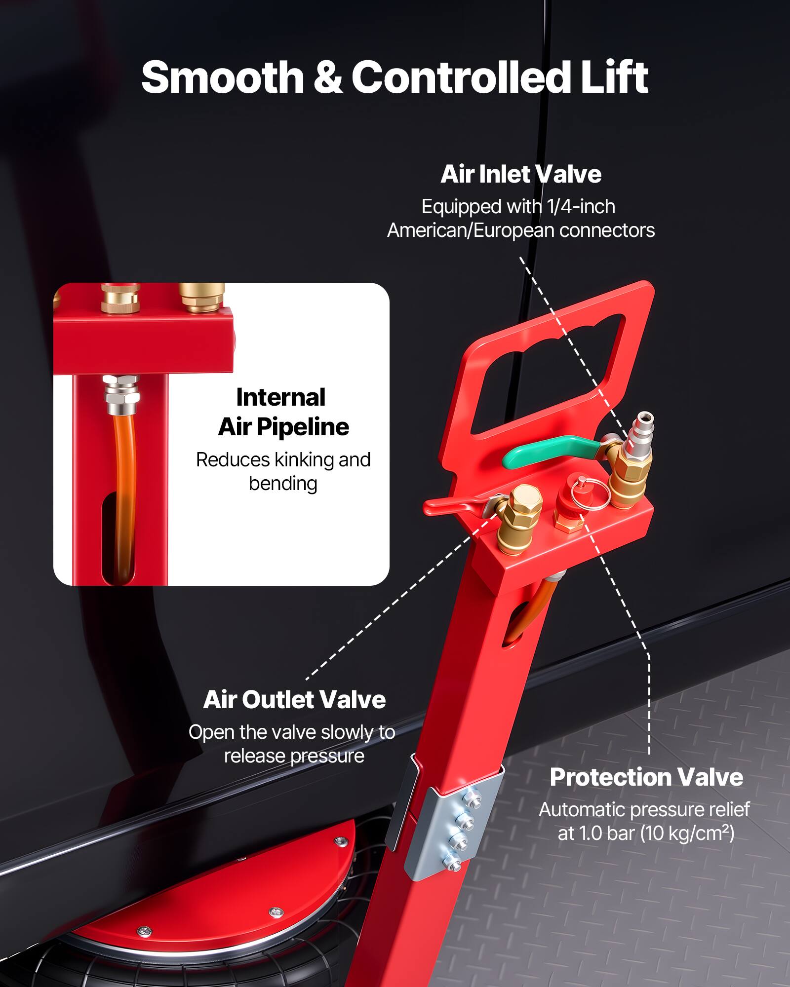 Smooth & Controlled Lift

Air Inlet Valve
Equipped with 1/4-inch American/European connectors

Internal Air Pipeline
Reduces kinking and bending

Air Outlet Valve
Open the valve slowly to release pressure

Protection Valve
Automatic pressure relief at 1.0 bar (10 kg/cm²)