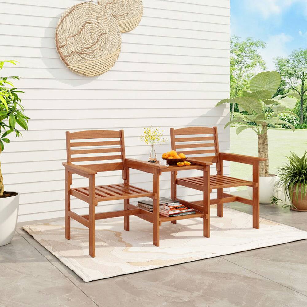 Alt View 2. Pefilos - 3-Piece Outdoor Patio Wood 2-Seat Conversation Set with Solid Wood Construction, Outdoor Bistro Set with Coffee Table - Brown.