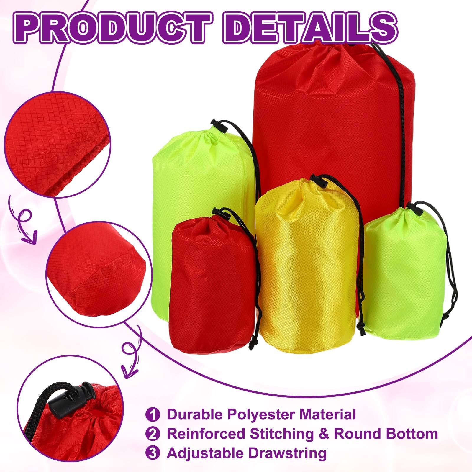 PRODUCT DETAILS

1. Durable Polyester Material
2. Reinforced Stitching & Round Bottom
3. Adjustable Drawstring