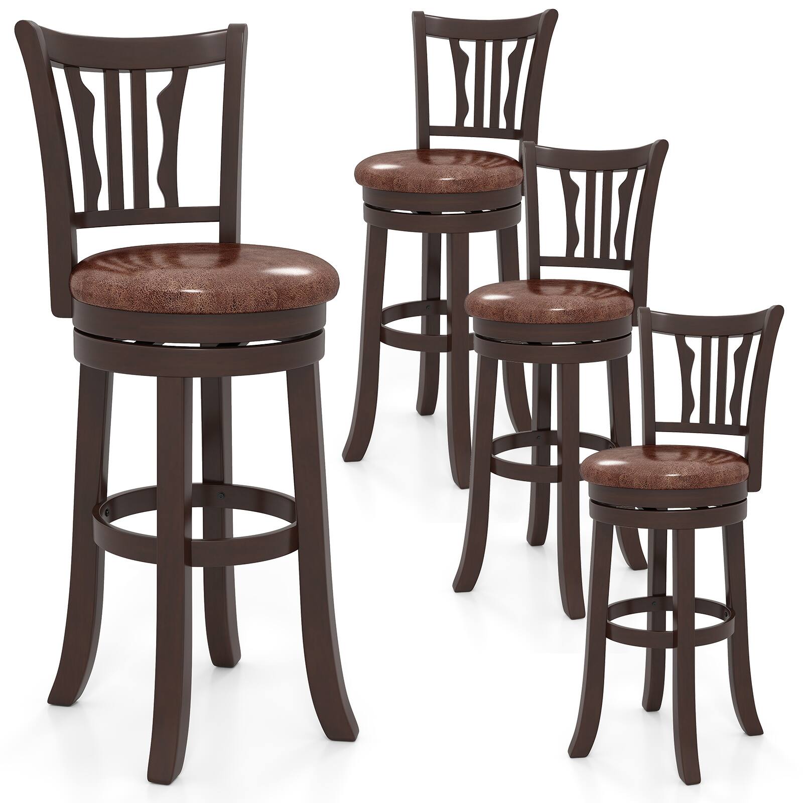 Front. Gymax - Gymax 30'' Bar Height Swivel Bar Stools Set of 4 w/Back & Faux Leather Seat - Brown.