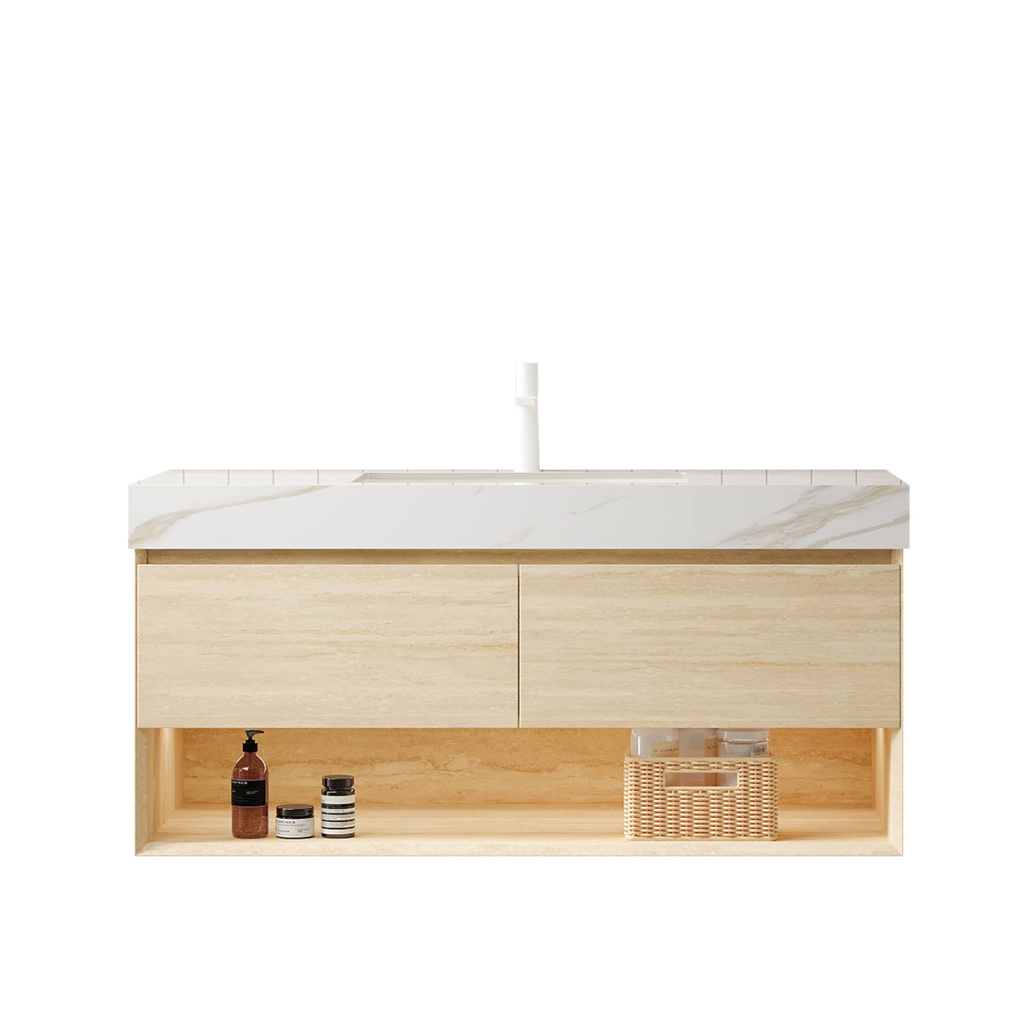 Left. APRILSOUL - FRIGGA 48 inch Floating Vanity Drawers Sensor Light Undermount Basin Travertine - Beige,Carrara White.