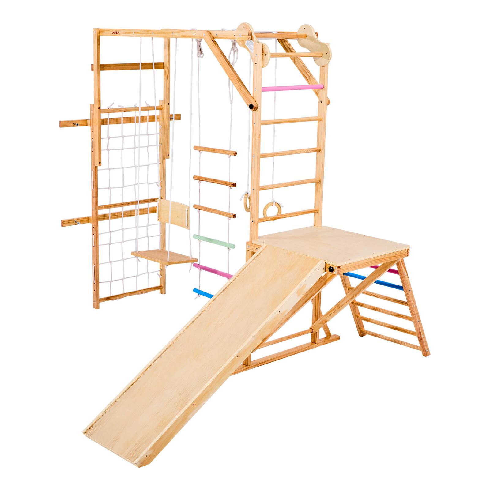 Alt View 5. VEVOR - 8-in-1 Wooden Indoor Jungle Gym Playset, 220LBS Capacity, Montessori Climbing Toys with Swing, Slide, Monkey Bars - Wood color.