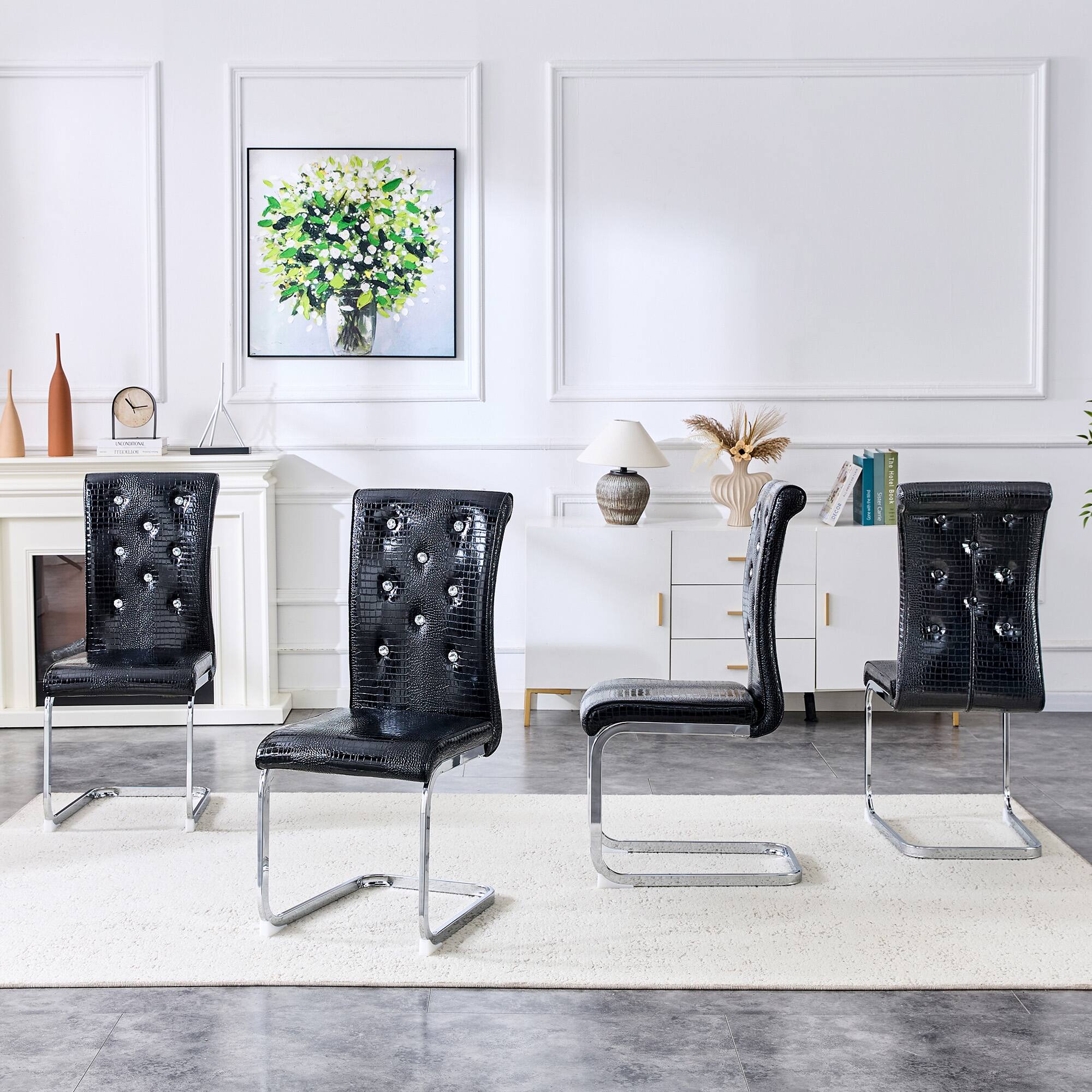 Back. Loheer - Vintage Alligator Texture Dining Chairs Set of 2 3.3ft H - Black.